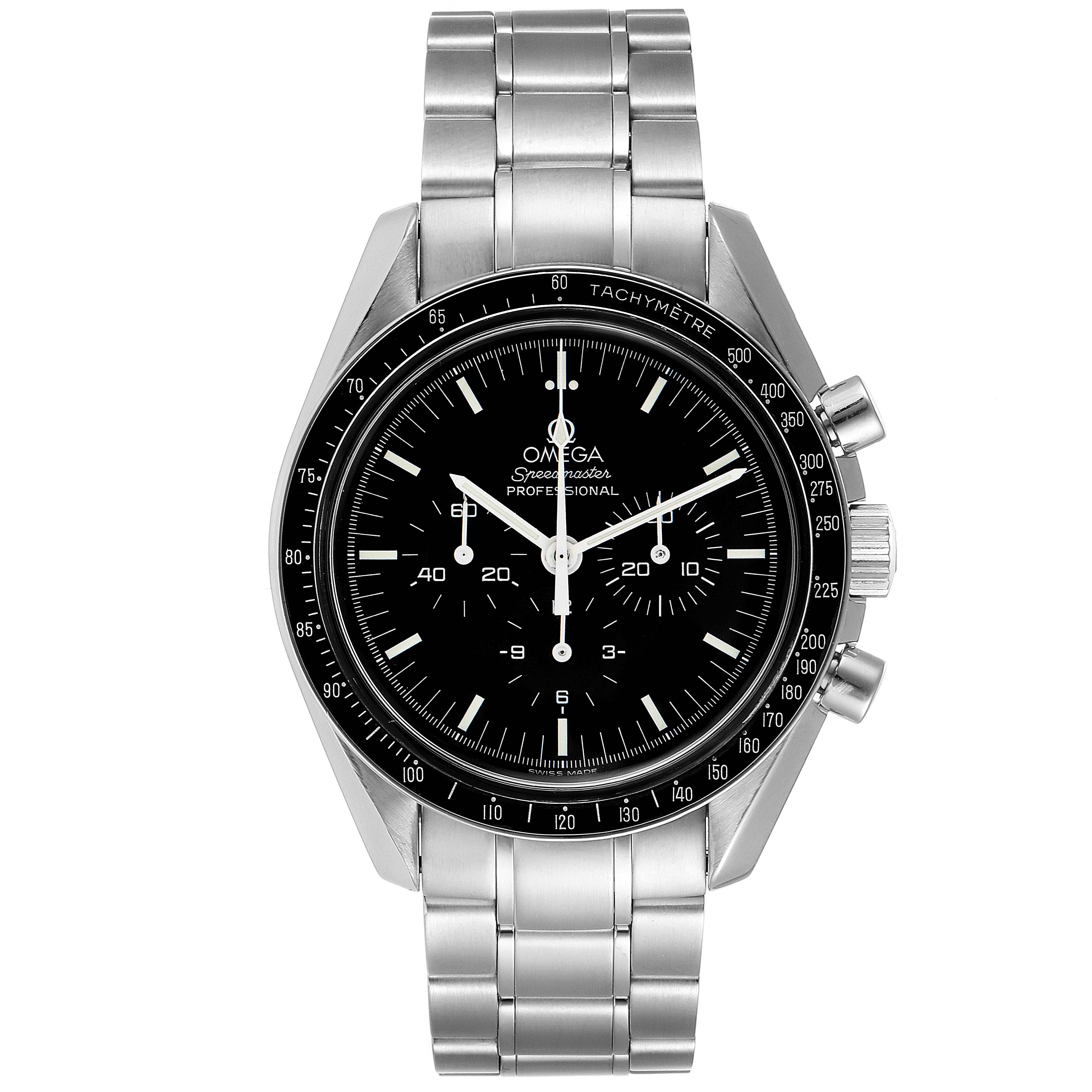 This image shows a frontal view of the Omega Speedmaster 3572.50.00 Men
s Stainless Steel Black Dial 3572.50.00 Men
s Stainless Steel Black Dial, highlighting the watch face, bezel, and stainless steel bracelet.