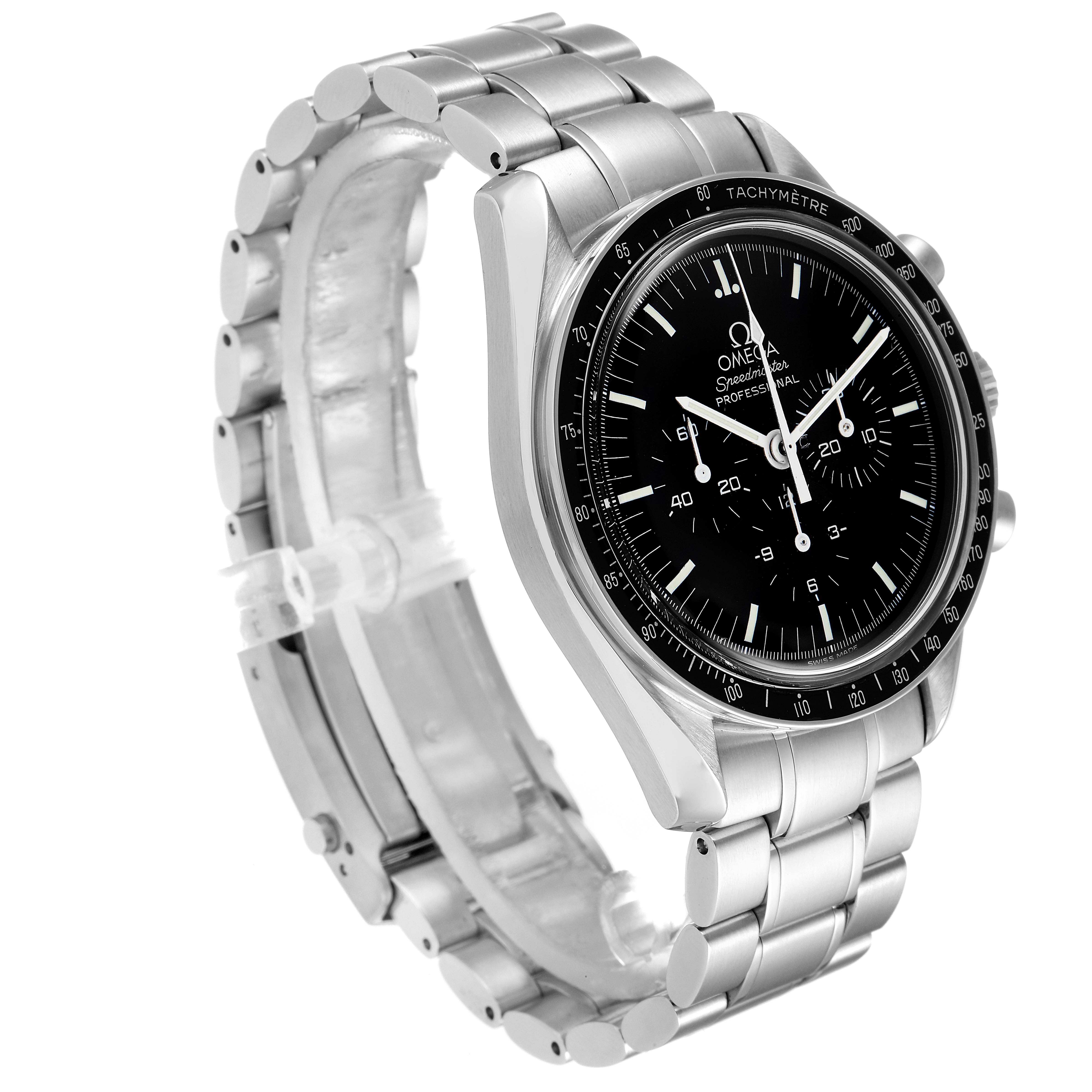 This image shows a left-side angle view of the Omega Speedmaster 3572.50.00 Men
s Stainless Steel Black Dial 3572.50.00 Men
s Stainless Steel Black Dial watch, highlighting the dial, bezel, and metal bracelet.