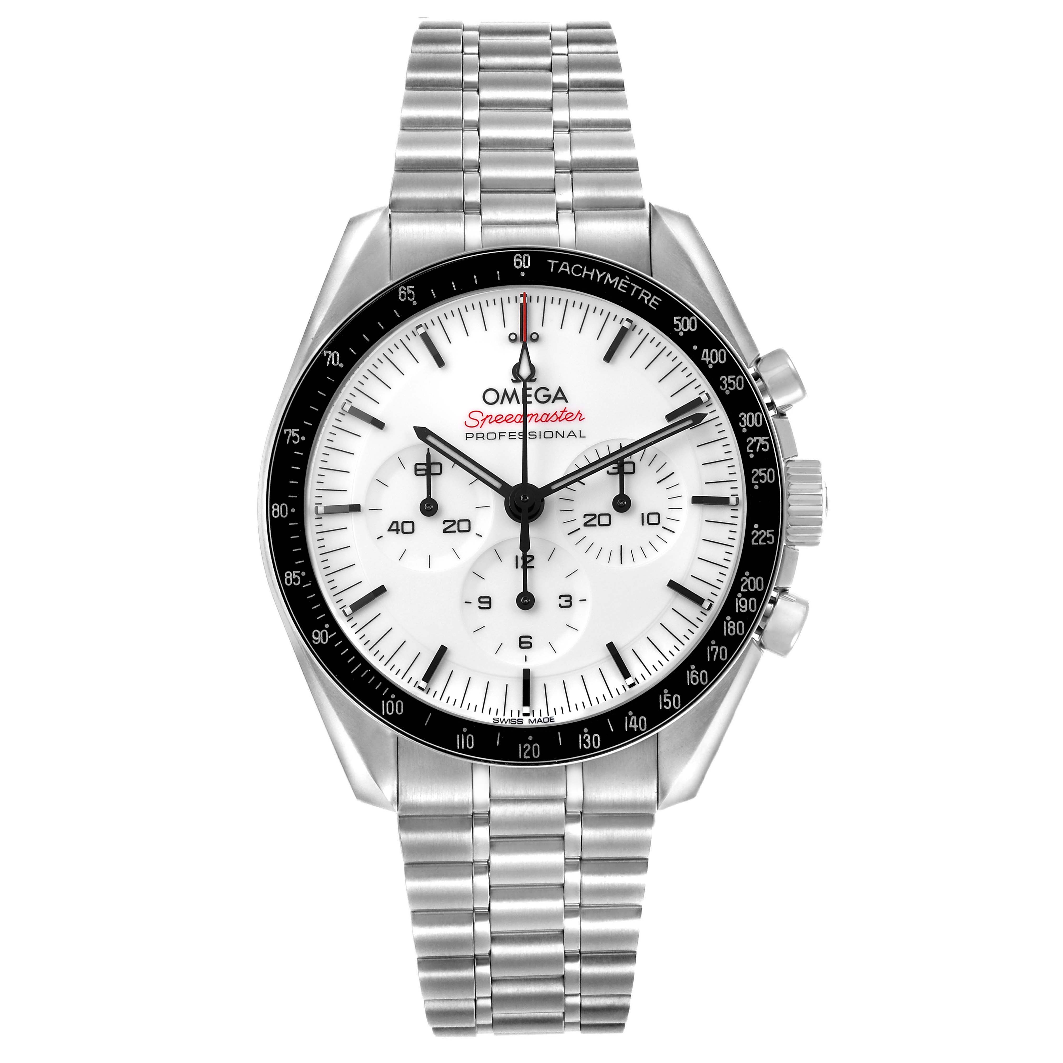 The Omega Speedmaster 310.30.42.50.04.001 Men's Stainless Steel White Dial model is shown from a frontal angle, displaying the dial, bezel, and bracelet.