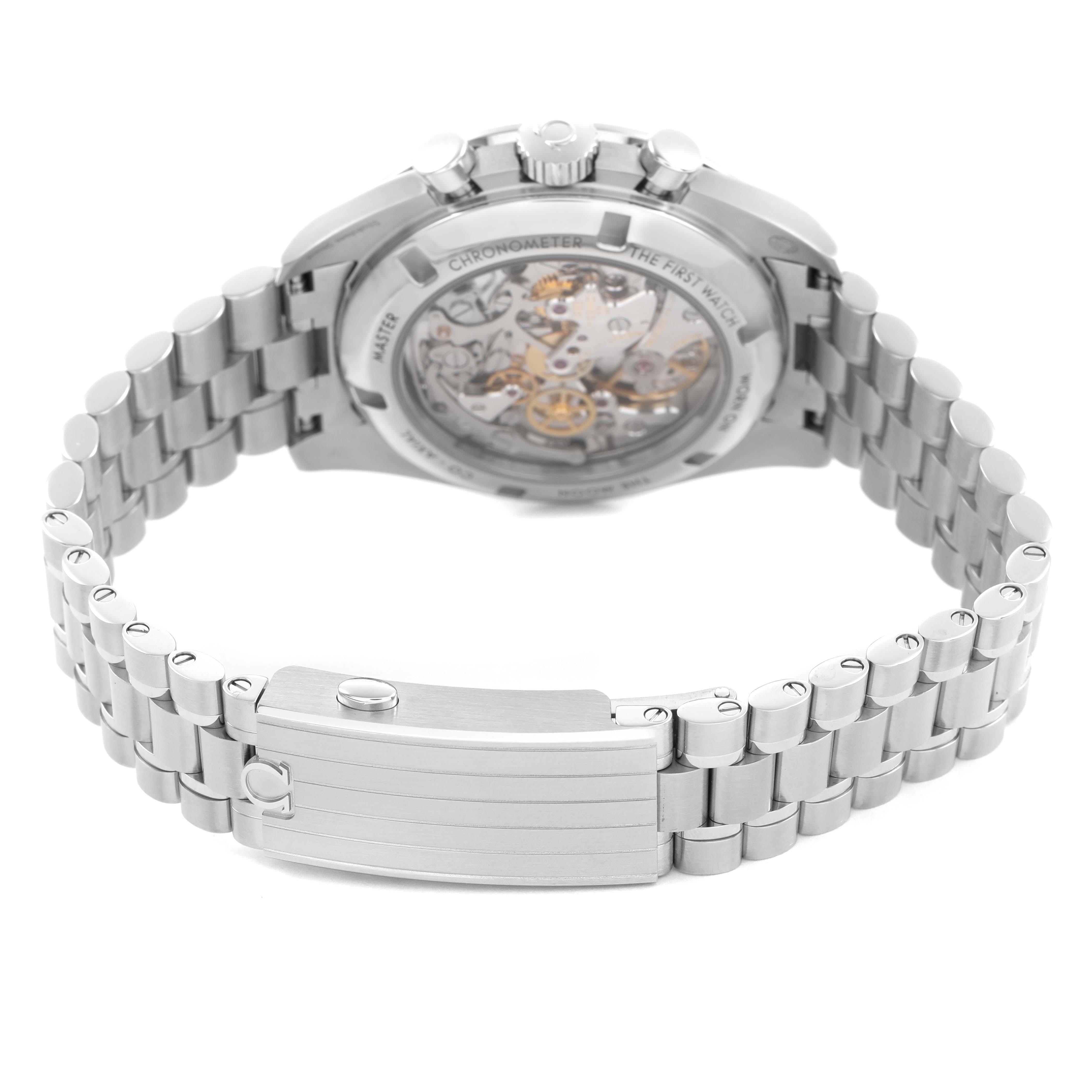 The image shows the back view of an Omega Speedmaster 310.30.42.50.04.001 Men's Stainless Steel White Dial, highlighting the exhibition case back and metal bracelet.