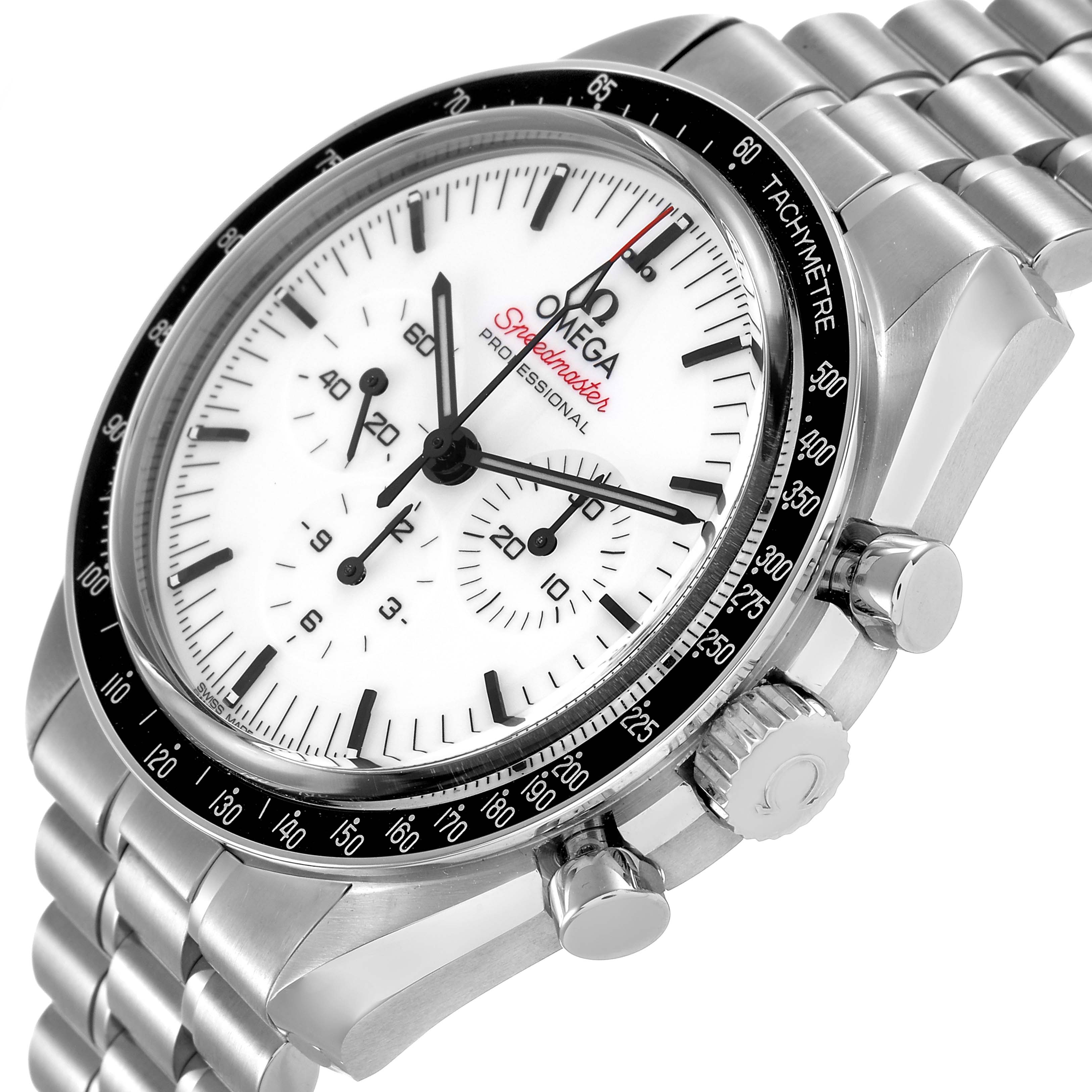 The Omega Speedmaster 310.30.42.50.04.001 Men's Stainless Steel White Dial watch is shown at a three-quarter angle, displaying the dial, bezel, crown, pushers, and bracelet.