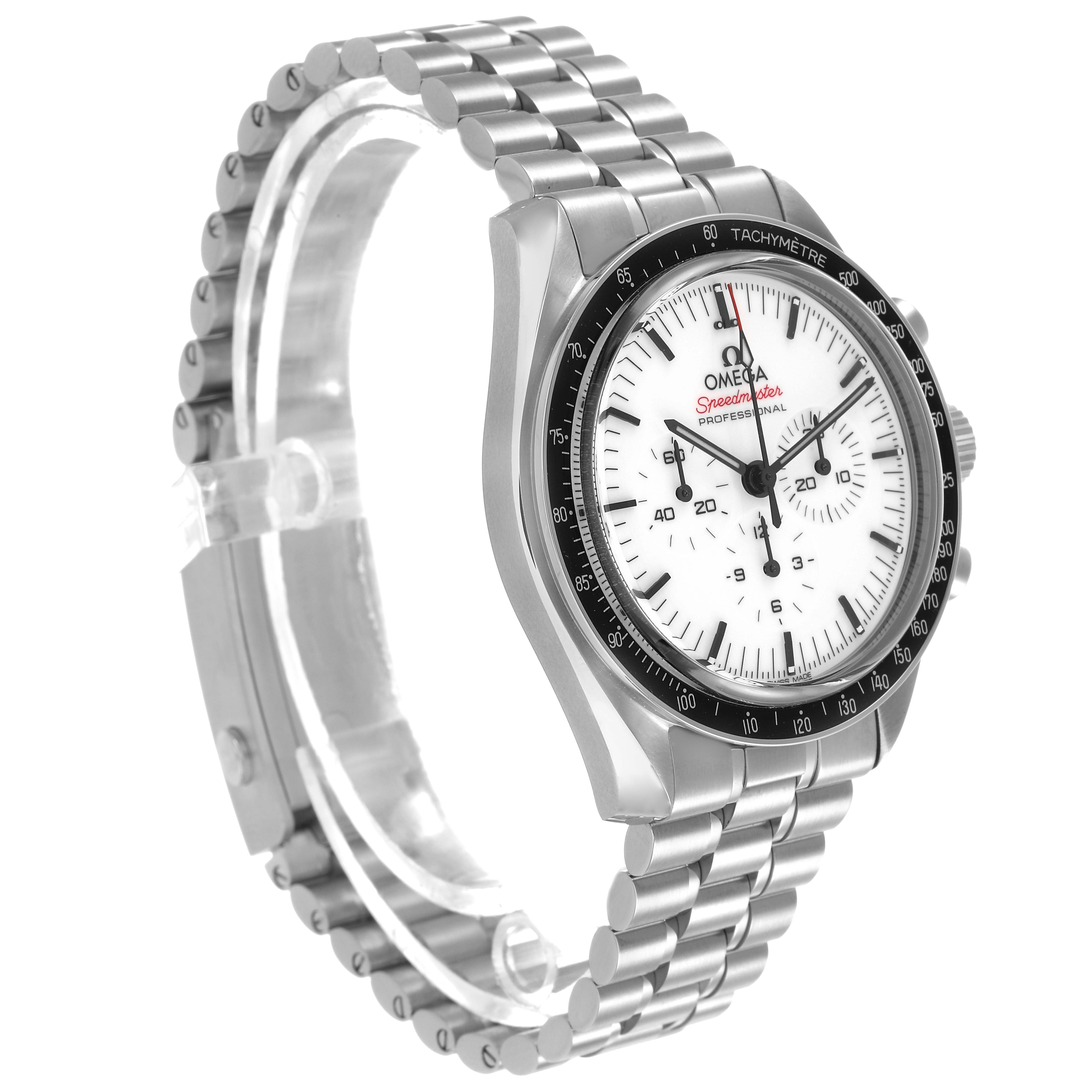 The Omega Speedmaster 310.30.42.50.04.001 Men's Stainless Steel White Dial watch is shown at a slight angle, displaying its face with tachymeter bezel and stainless steel bracelet.