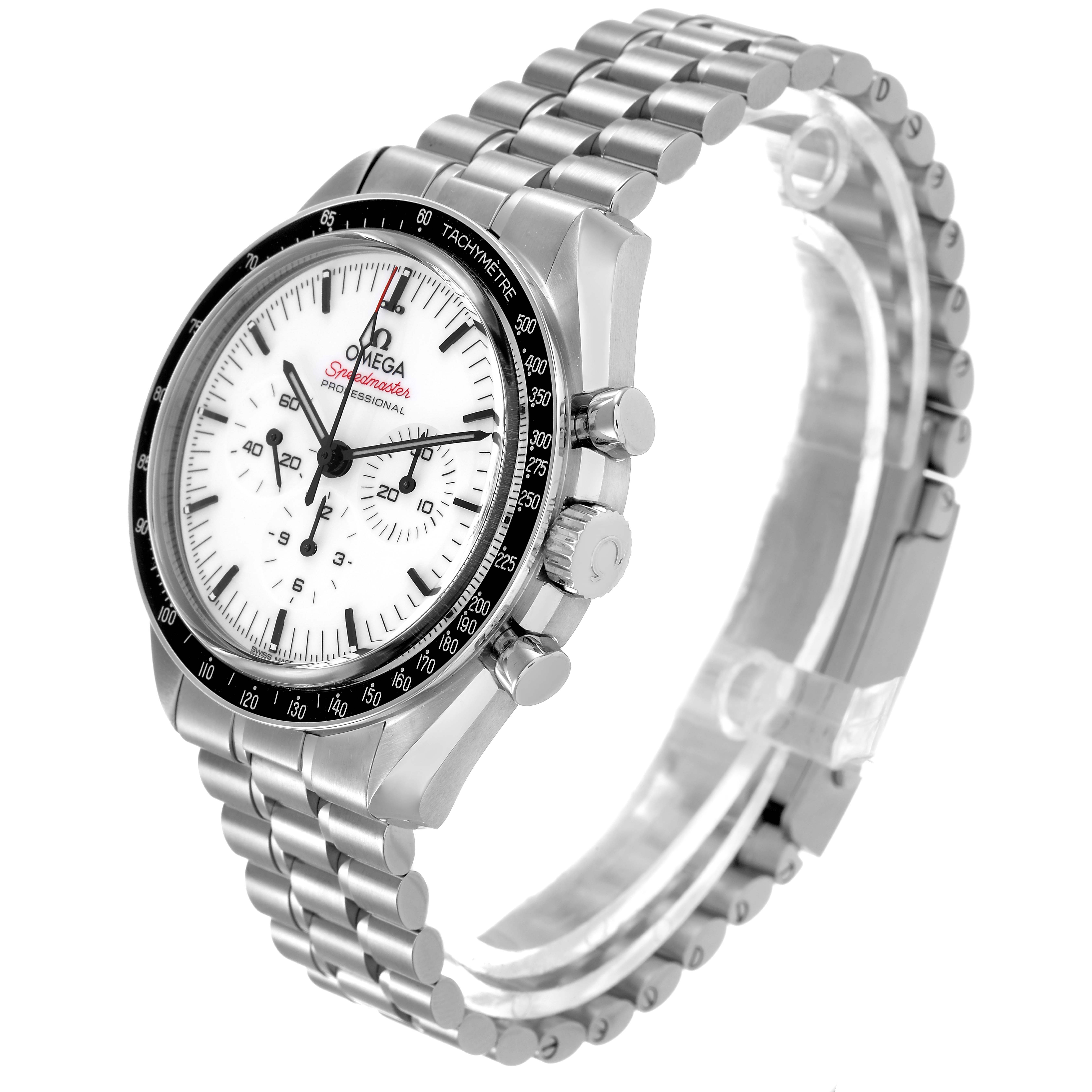 The Omega Speedmaster 310.30.42.50.04.001 Men's Stainless Steel White Dial is shown at a three-quarter angle, highlighting the face, tachymeter bezel, and steel bracelet.