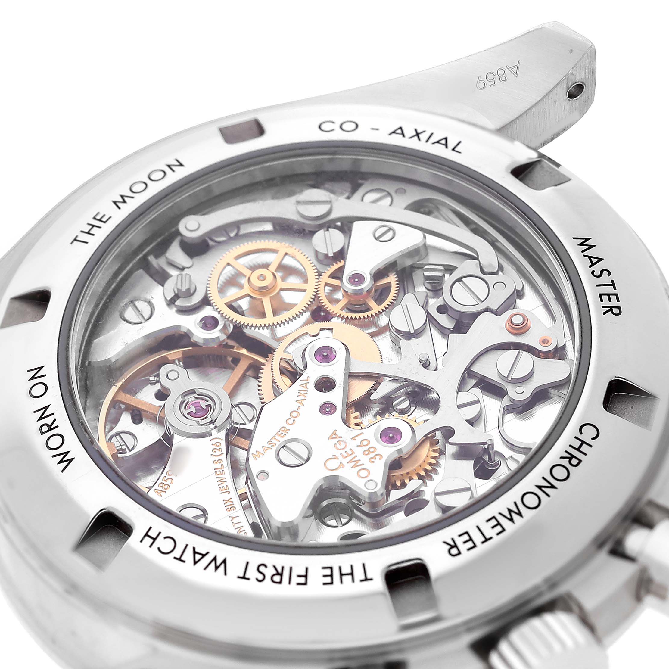 The image shows the case back of an Omega Speedmaster 310.30.42.50.04.001 Men's Stainless Steel White Dial, highlighting its intricate mechanical movement.