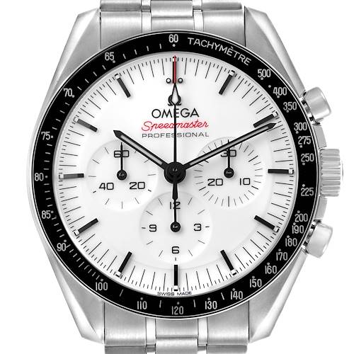The image shows a front view of the Omega Speedmaster 310.30.42.50.04.001 Men's Stainless Steel White Dial watch, highlighting the dial, bezel, and crown.