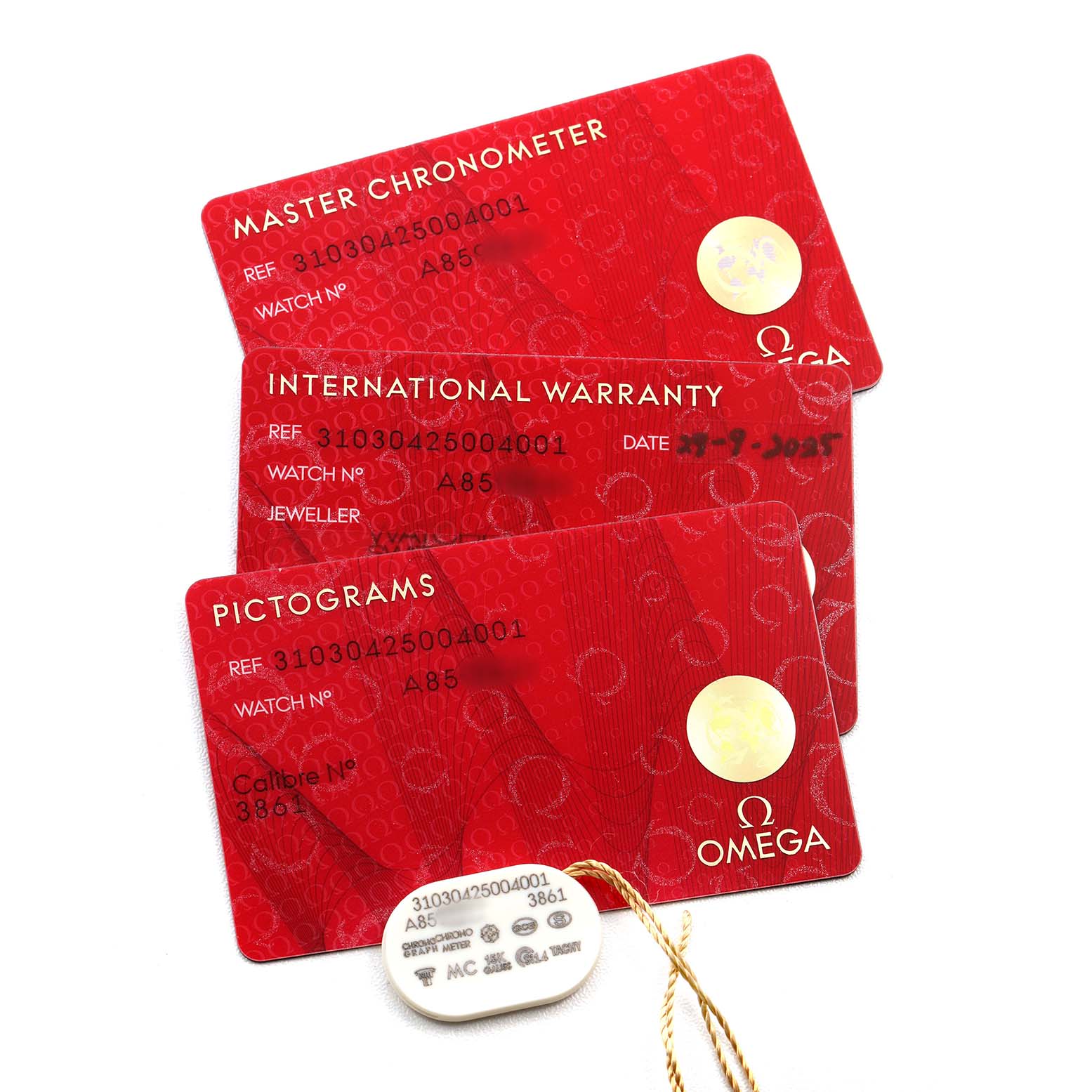 The image shows Omega Speedmaster 310.30.42.50.04.001 Men's Stainless Steel White Dial watch cards: Master Chronometer, International Warranty, and Pictograms, alongside a tag.