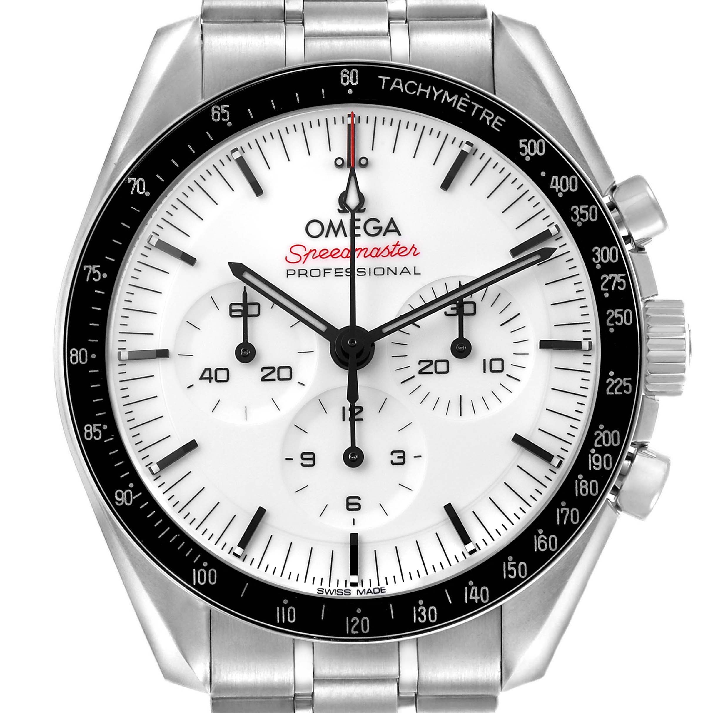 The image shows a front view of the Omega Speedmaster 310.30.42.50.04.001 Men's Stainless Steel White Dial watch, highlighting its face, tachymeter bezel, and chronograph sub-dials.