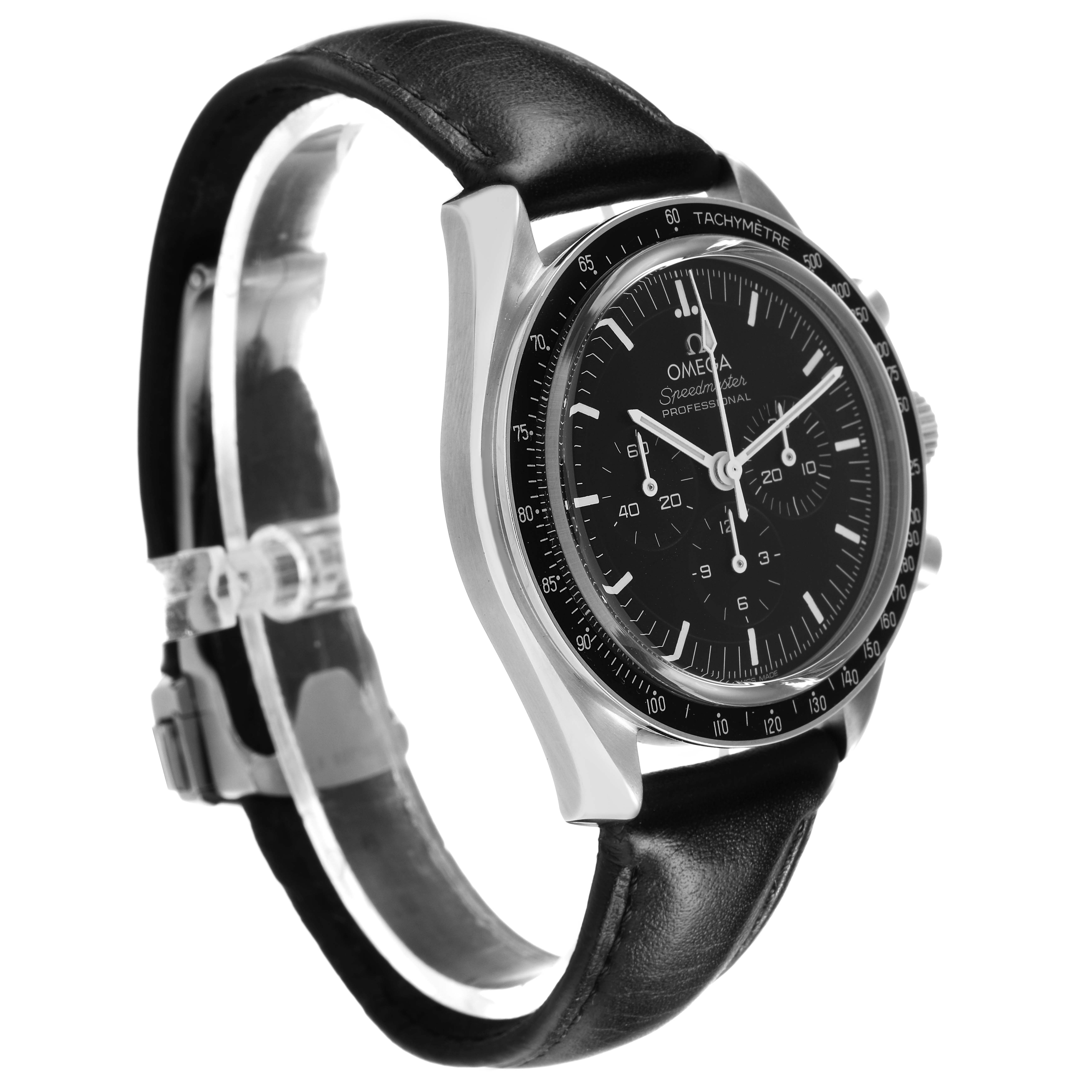 The Omega Speedmaster 310.32.42.50.01.002 Men's Stainless Steel Black Dial watch is shown from a three-quarter angle, highlighting the face, bezel, and leather strap.