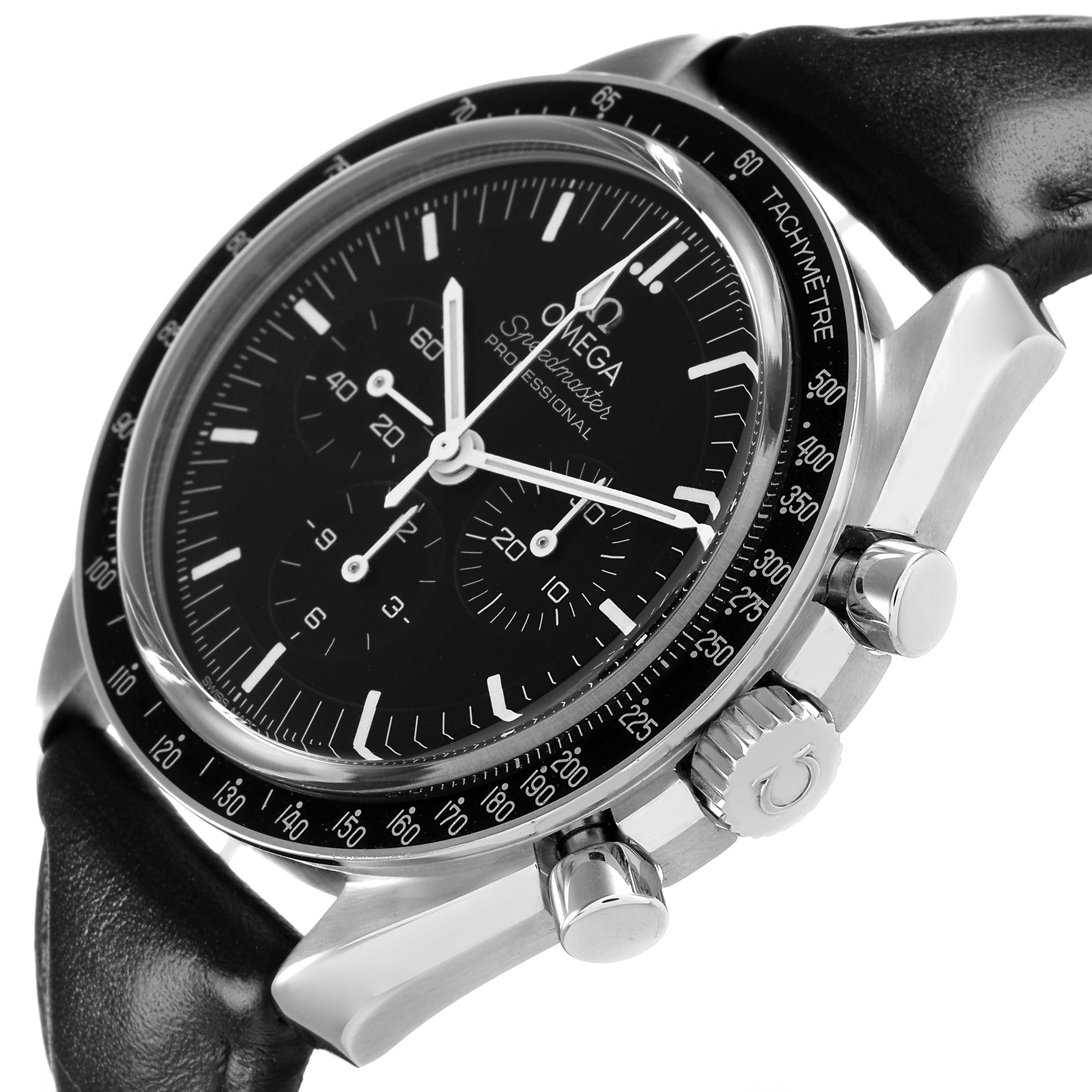 The Omega Speedmaster 310.32.42.50.01.002 Men's Stainless Steel Black Dial is shown at a slight side angle, highlighting the dial, tachymeter bezel, crown, and pushers.