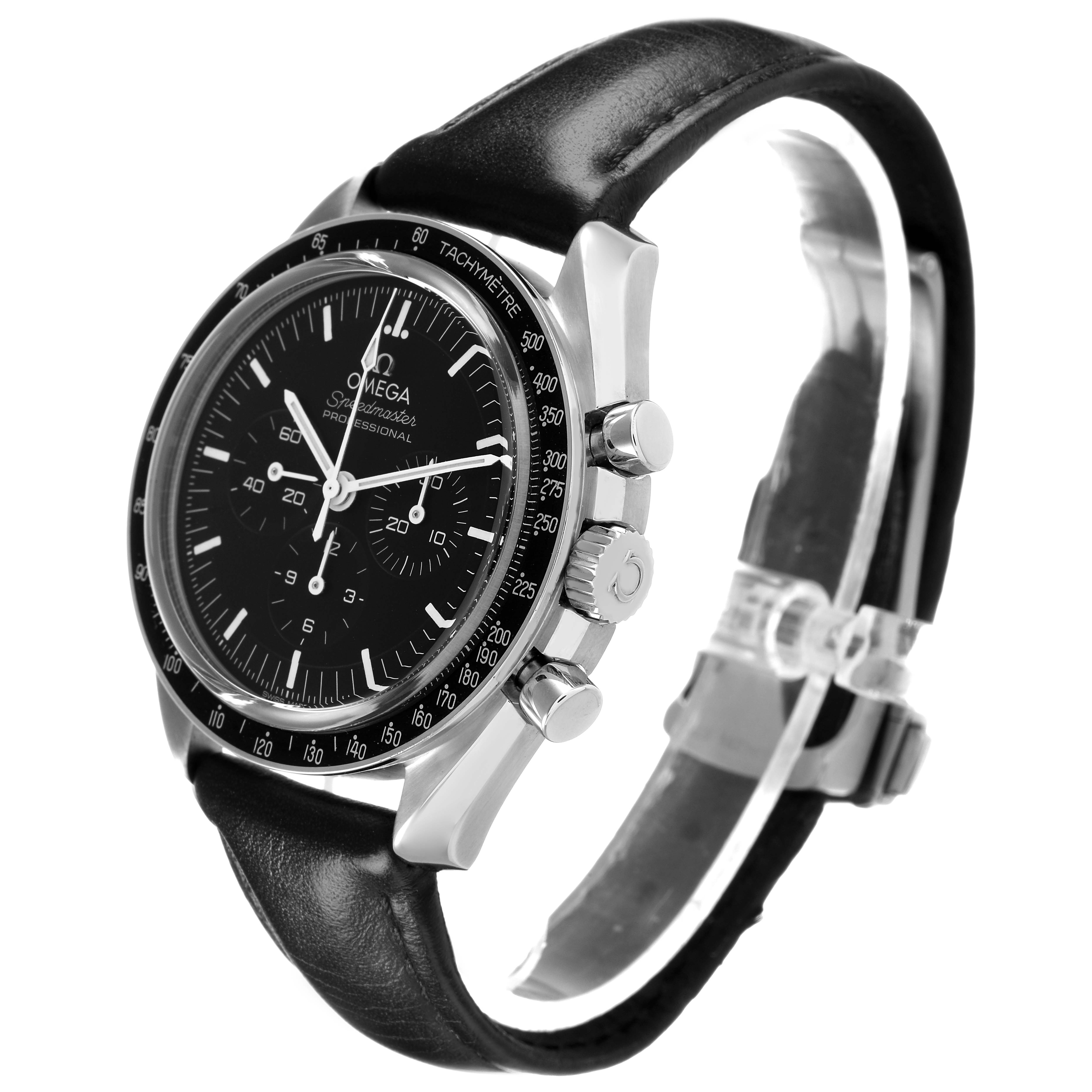 The Omega Speedmaster 310.32.42.50.01.002 Men's Stainless Steel Black Dial watch is shown from a side angle, displaying the face, pushers, crown, and leather strap.