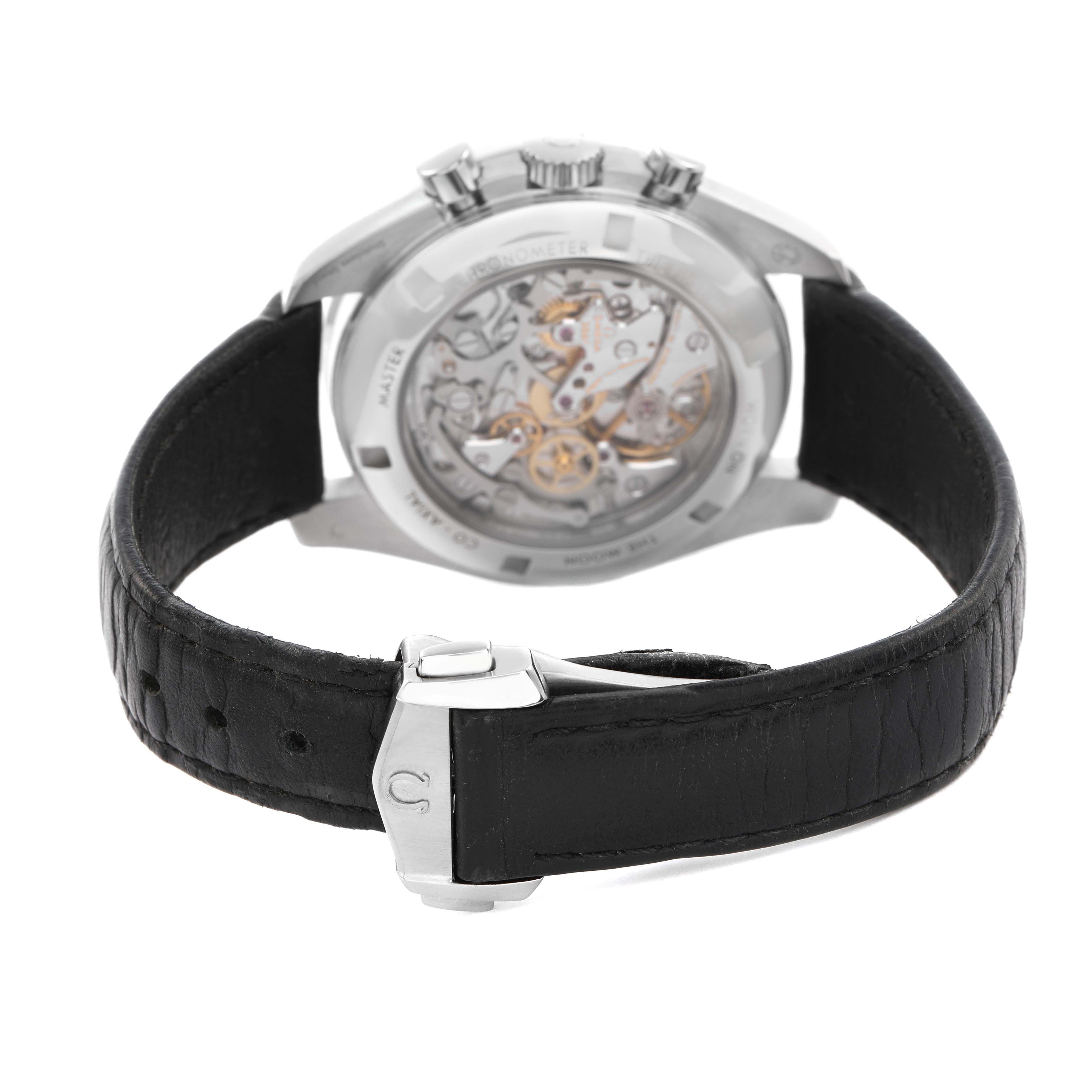 The Omega Speedmaster 310.32.42.50.01.002 Men's Stainless Steel Black Dial watch is shown from the back, displaying the movement and leather strap with clasp.