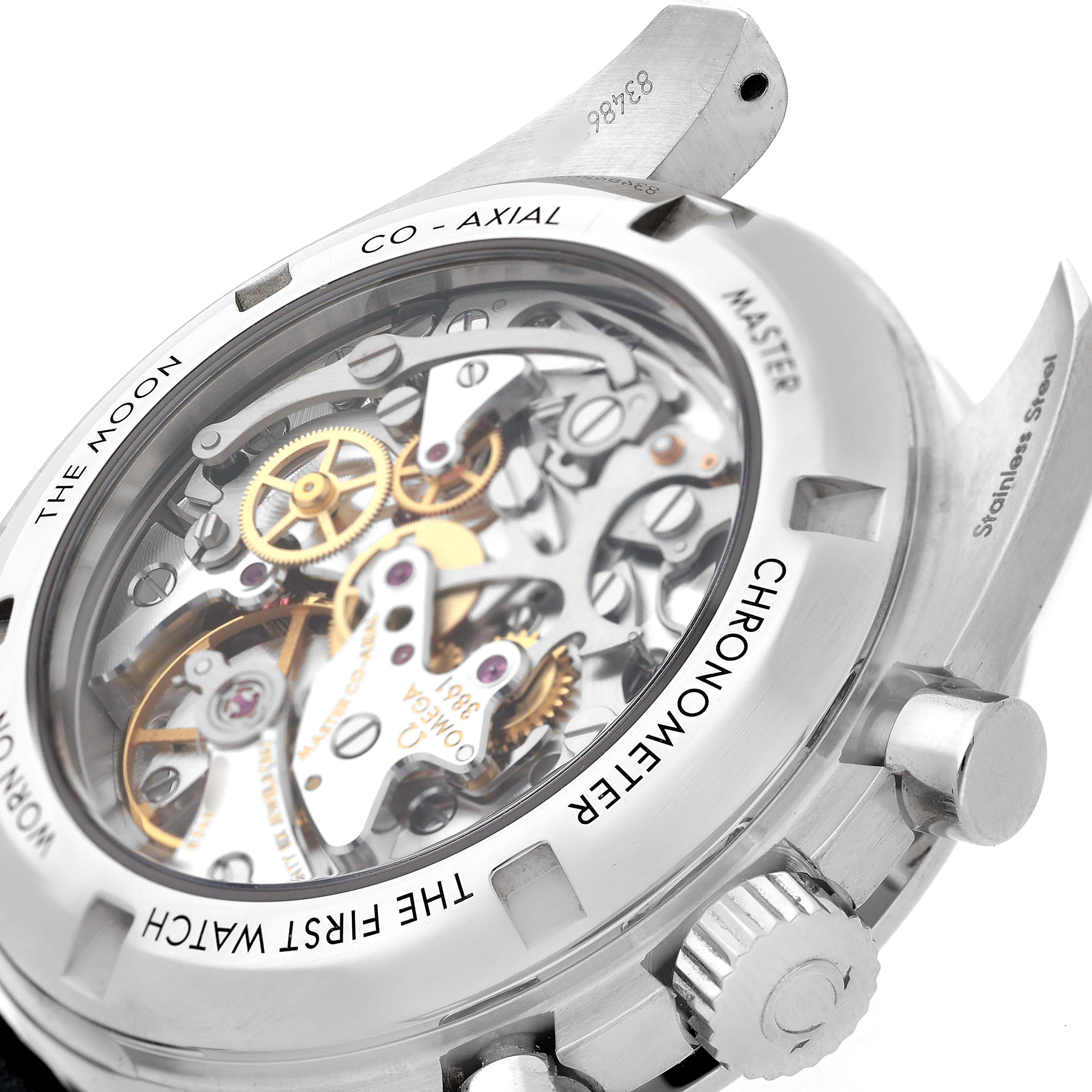The image shows the back case, crown, and buttons of the Omega Speedmaster 310.32.42.50.01.002 Men's Stainless Steel Black Dial, highlighting the movement through the transparent caseback.