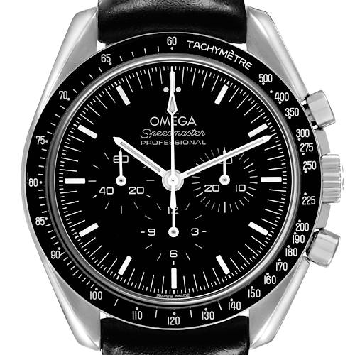 The image shows a front view of the Omega Speedmaster 310.32.42.50.01.002 Men's Stainless Steel Black Dial, highlighting the dial, tachymeter bezel, and chronograph pushers.