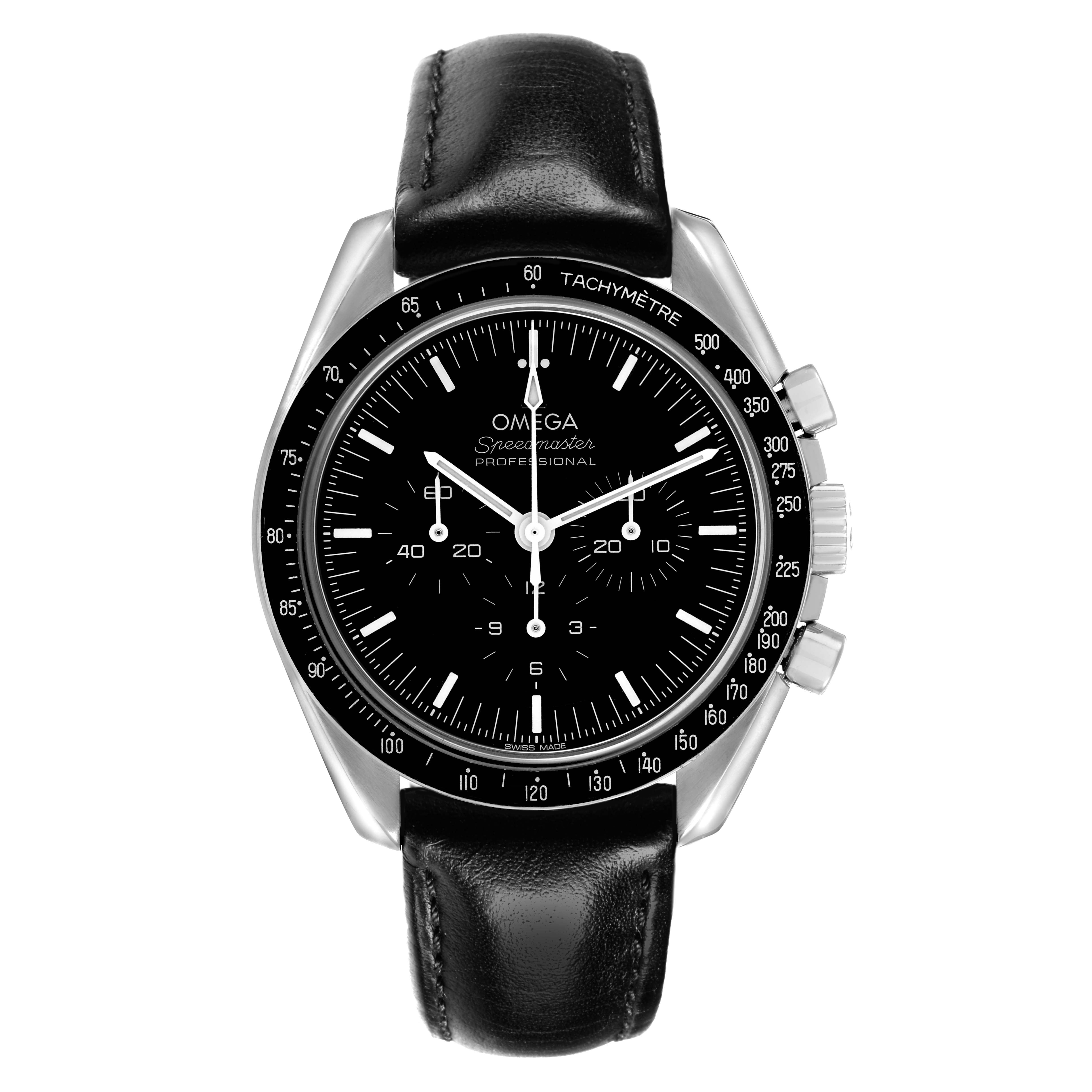 The Omega Speedmaster 310.32.42.50.01.002 Men's Stainless Steel Black Dial watch is shown from the front, displaying its black dial, tachymeter bezel, and black leather strap.