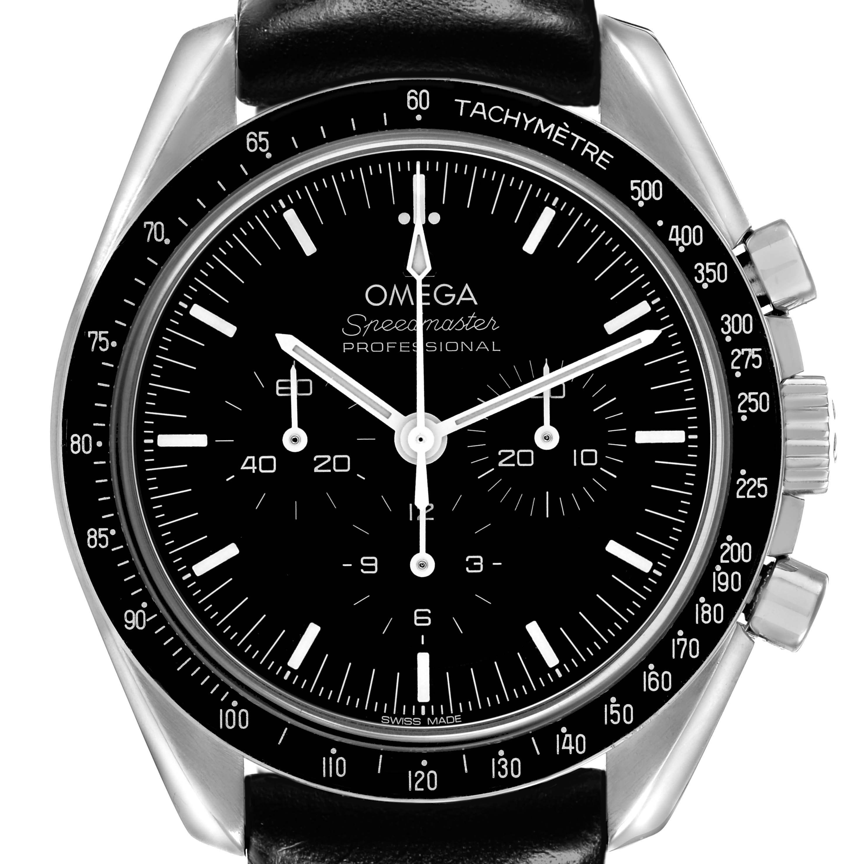 The image shows a front view of the Omega Speedmaster 310.32.42.50.01.002 Men's Stainless Steel Black Dial, highlighting its dial, subdials, tachymeter bezel, and pushers.