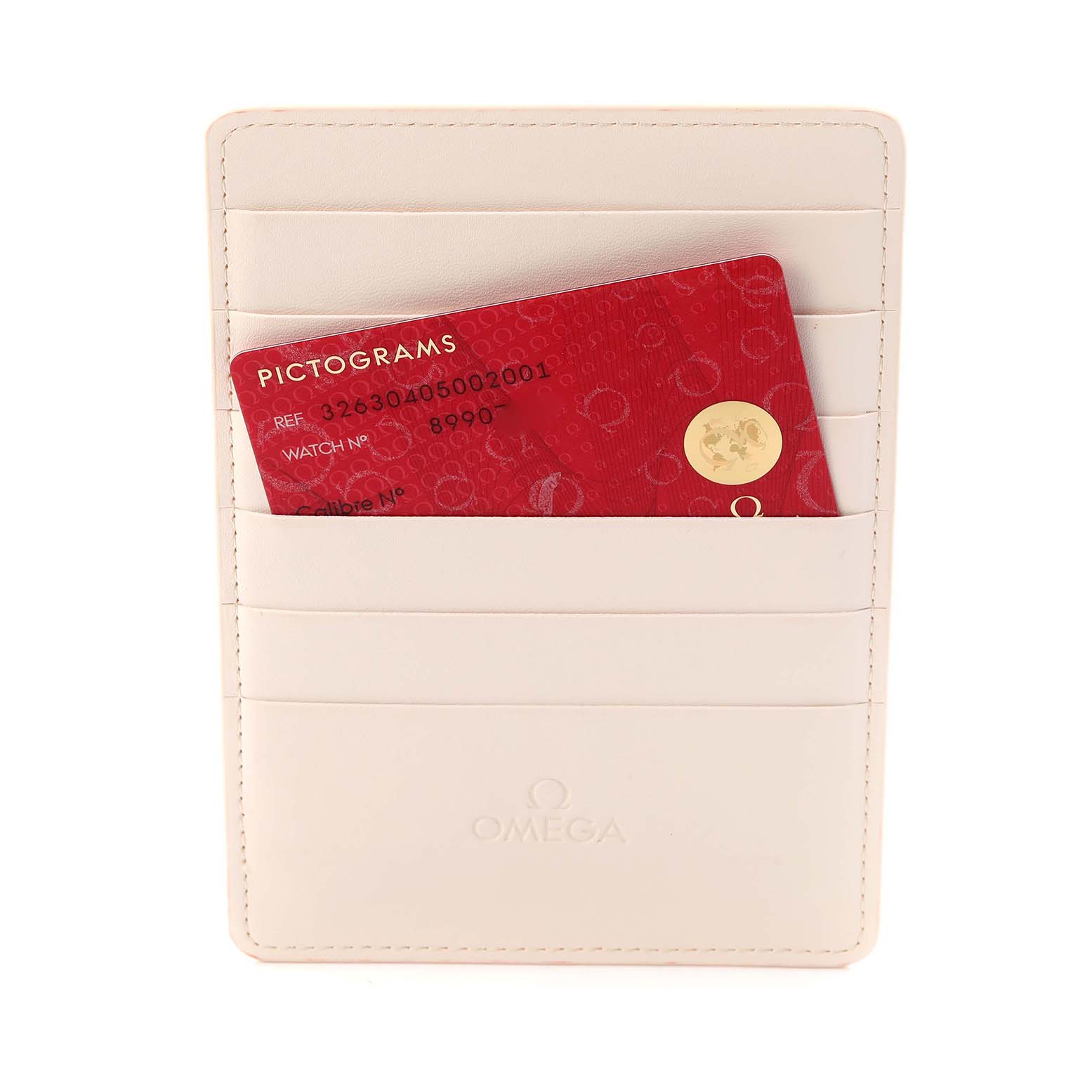 The image shows an Omega Speedmaster 326.30.40.50.02.001 Men
s Stainless Steel Silver Dial 326.30.40.50.02.001 Men
s Stainless Steel Silver Dial cardholder with a red pictogram card inserted.