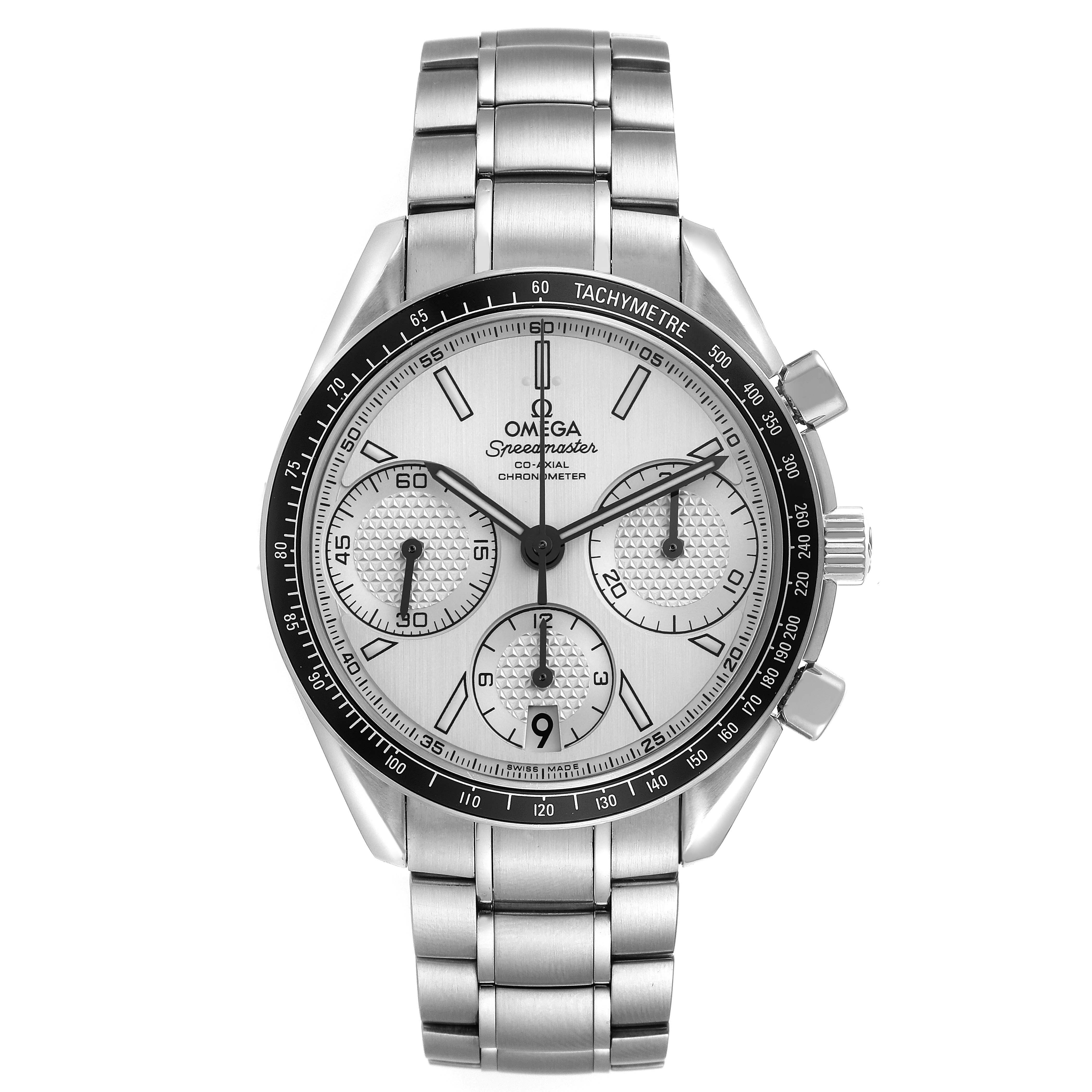 The Omega Speedmaster 326.30.40.50.02.001 Men
s Stainless Steel Silver Dial 326.30.40.50.02.001 Men
s Stainless Steel Silver Dial watch is shown from the front, featuring its bezel, crown, chronograph dials, and metal bracelet.