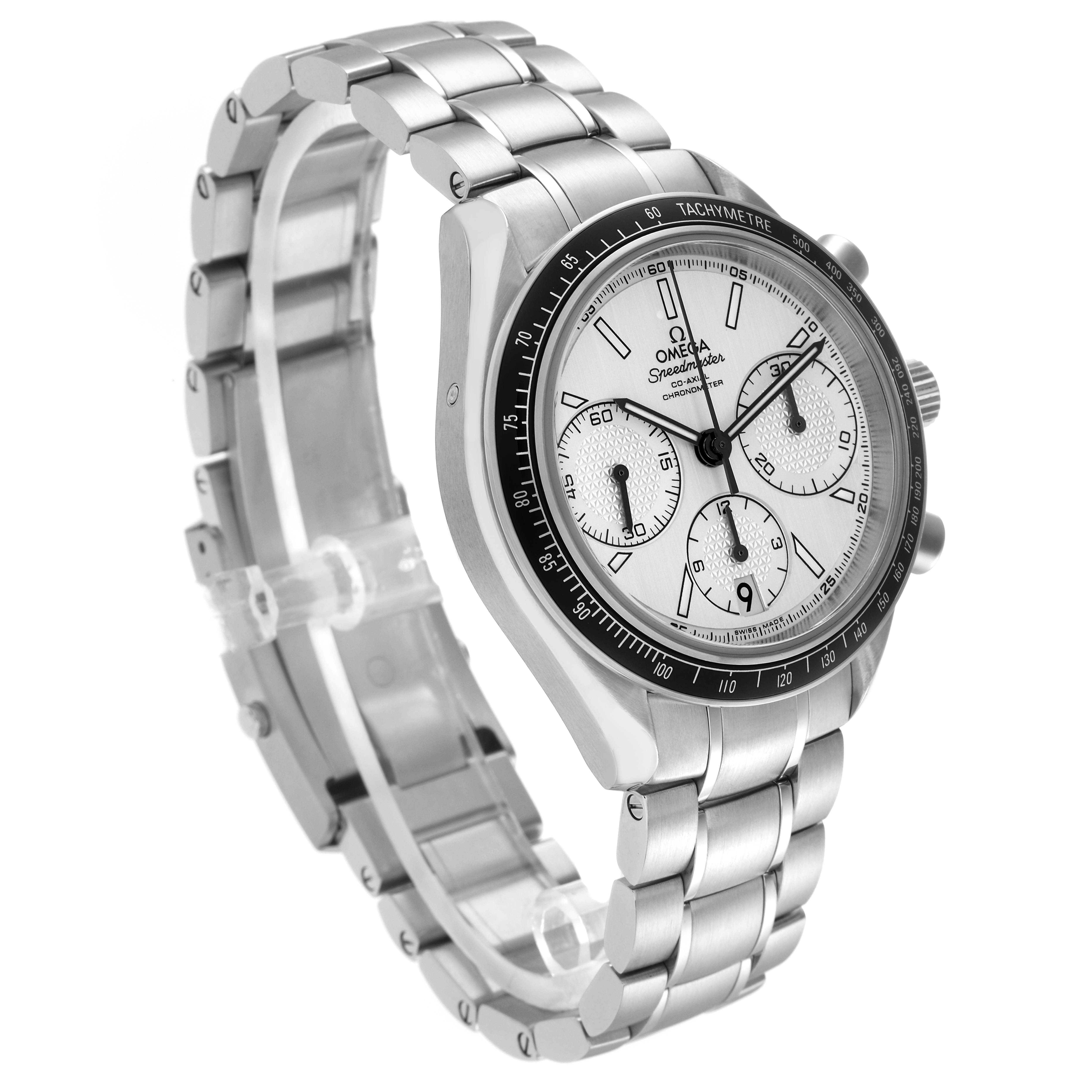 The Omega Speedmaster 326.30.40.50.02.001 Men
s Stainless Steel Silver Dial 326.30.40.50.02.001 Men
s Stainless Steel Silver Dial watch is shown at a three-quarter angle, displaying its face, bezel, and bracelet.