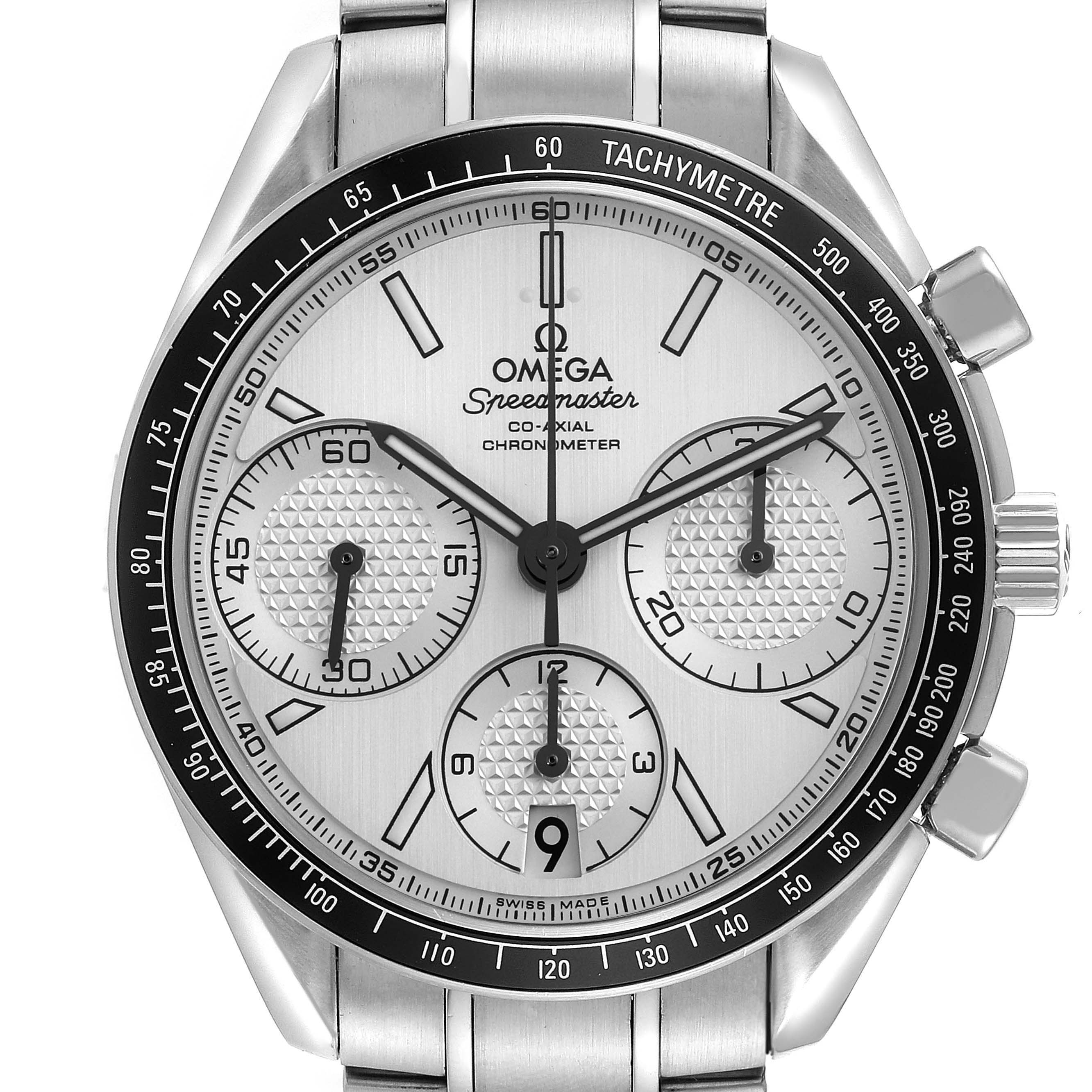 The Omega Speedmaster 326.30.40.50.02.001 Men
s Stainless Steel Silver Dial 326.30.40.50.02.001 Men
s Stainless Steel Silver Dial watch is shown from the front, highlighting the face, subdials, bezel, and part of the bracelet.
