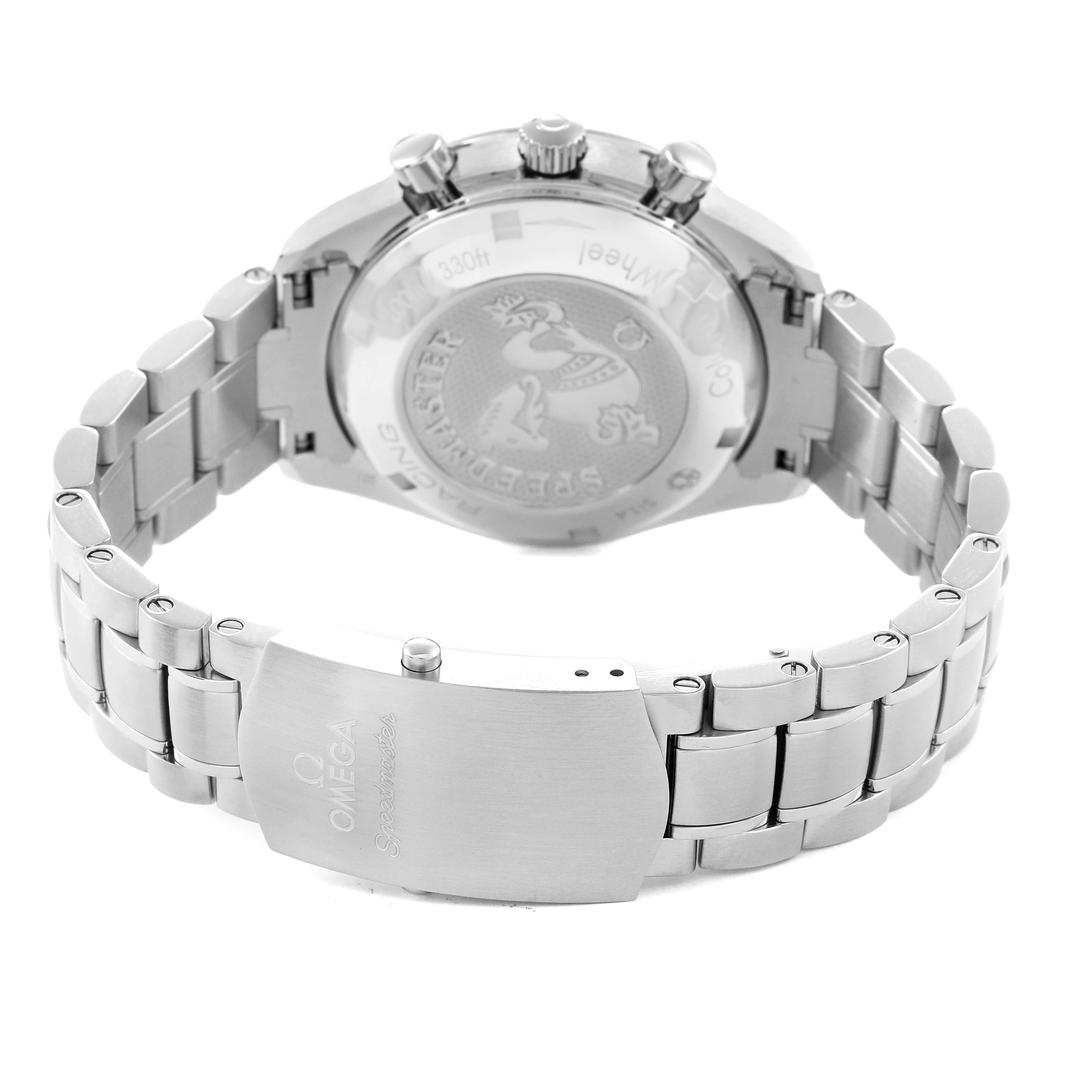 The Omega Speedmaster 326.30.40.50.02.001 Men
s Stainless Steel Silver Dial 326.30.40.50.02.001 Men
s Stainless Steel Silver Dial watch is shown from the back, highlighting the case back, bracelet, and clasp.