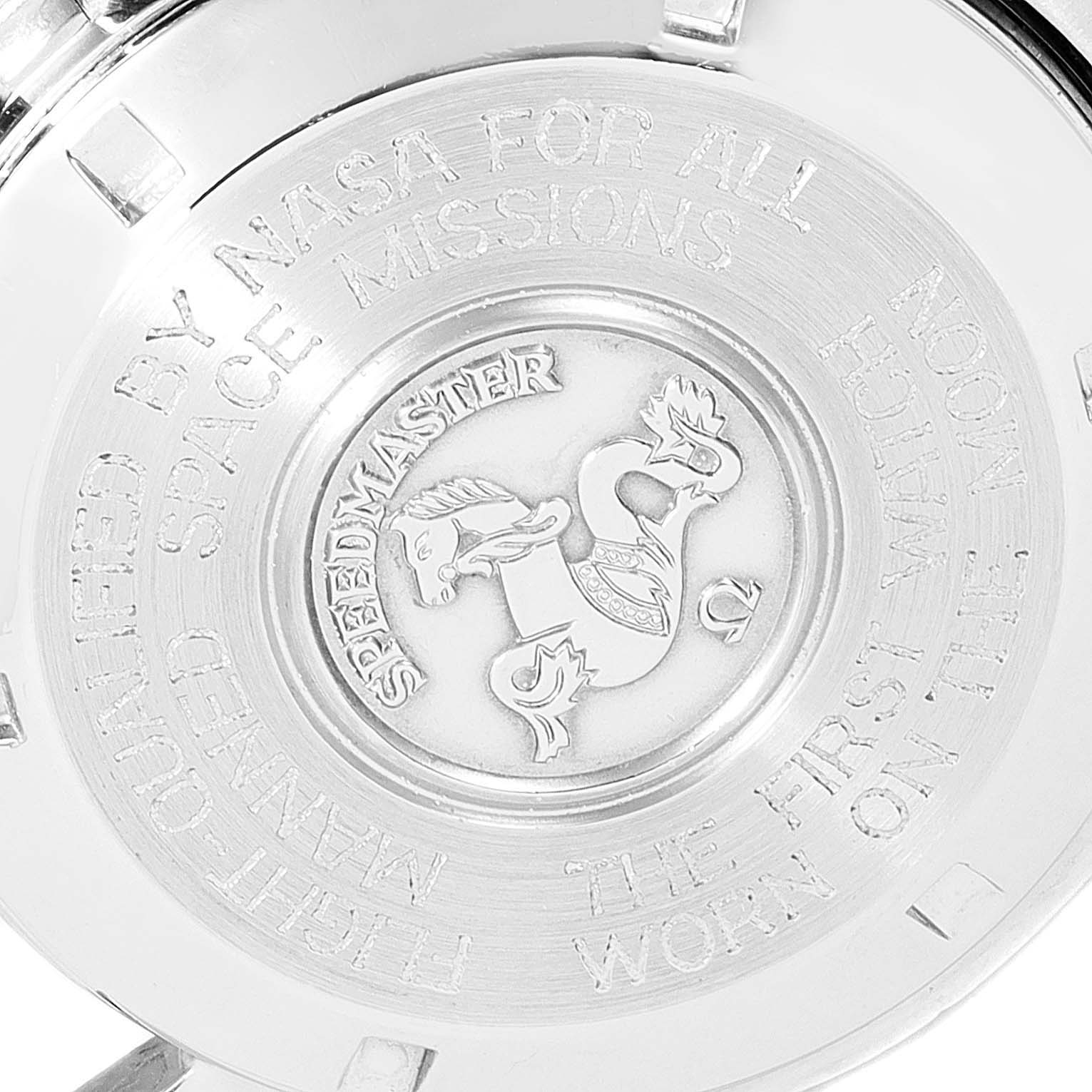 The image shows the engraved back case of an Omega Speedmaster 145.022 Men's Stainless Steel Black Dial 145.022 Men's Stainless Steel Black Dial watch, highlighting its association with NASA missions.