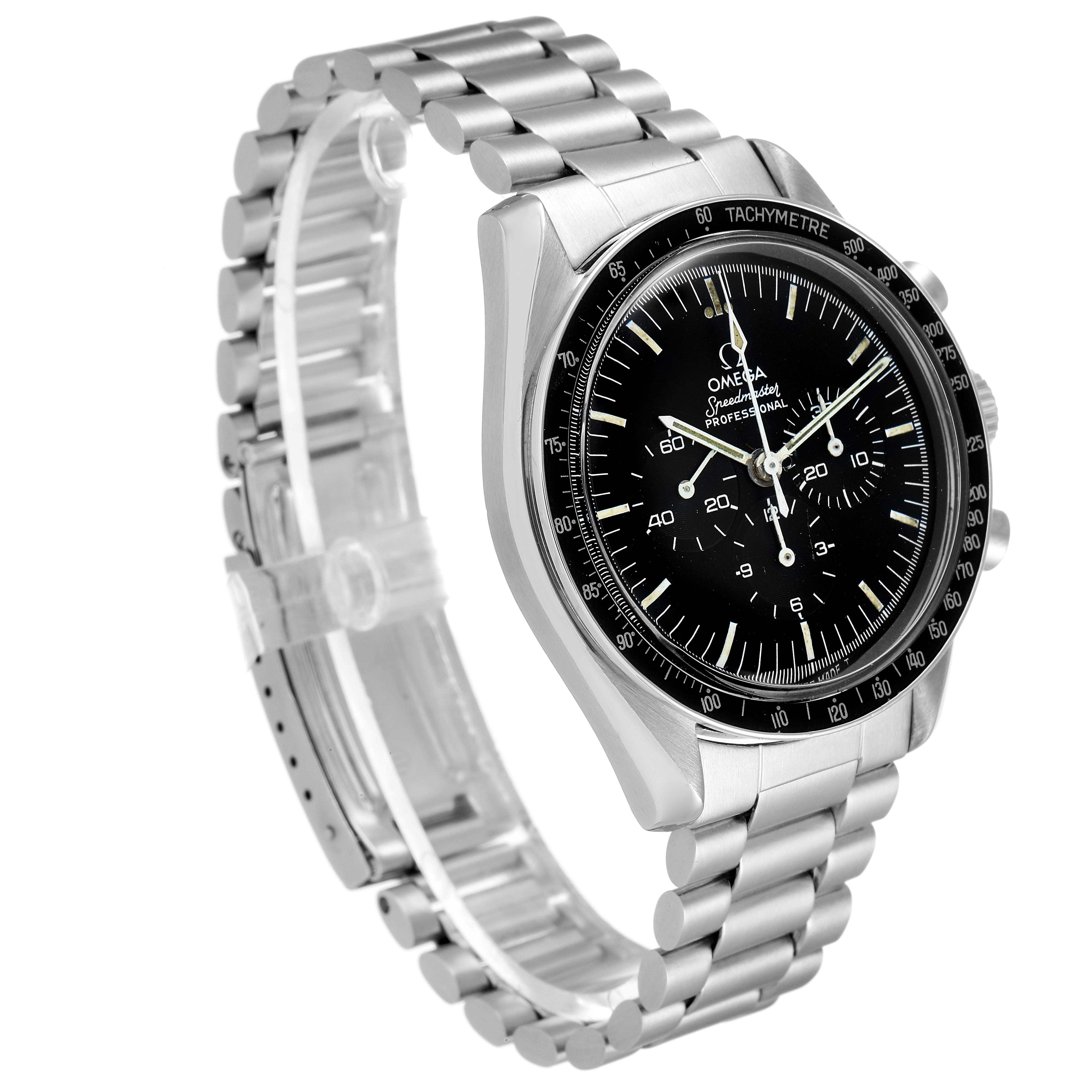 The image shows an angled view of an Omega Speedmaster 145.022 Men's Stainless Steel Black Dial 145.022 Men's Stainless Steel Black Dial watch, featuring the dial, bezel, crown, and bracelet.