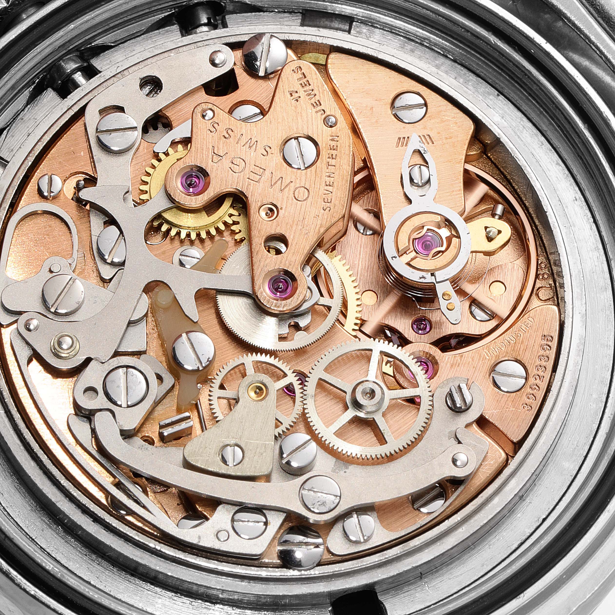 This image shows the intricate internal mechanical movement of the Omega Speedmaster 145.022 Men's Stainless Steel Black Dial 145.022 Men's Stainless Steel Black Dial watch.