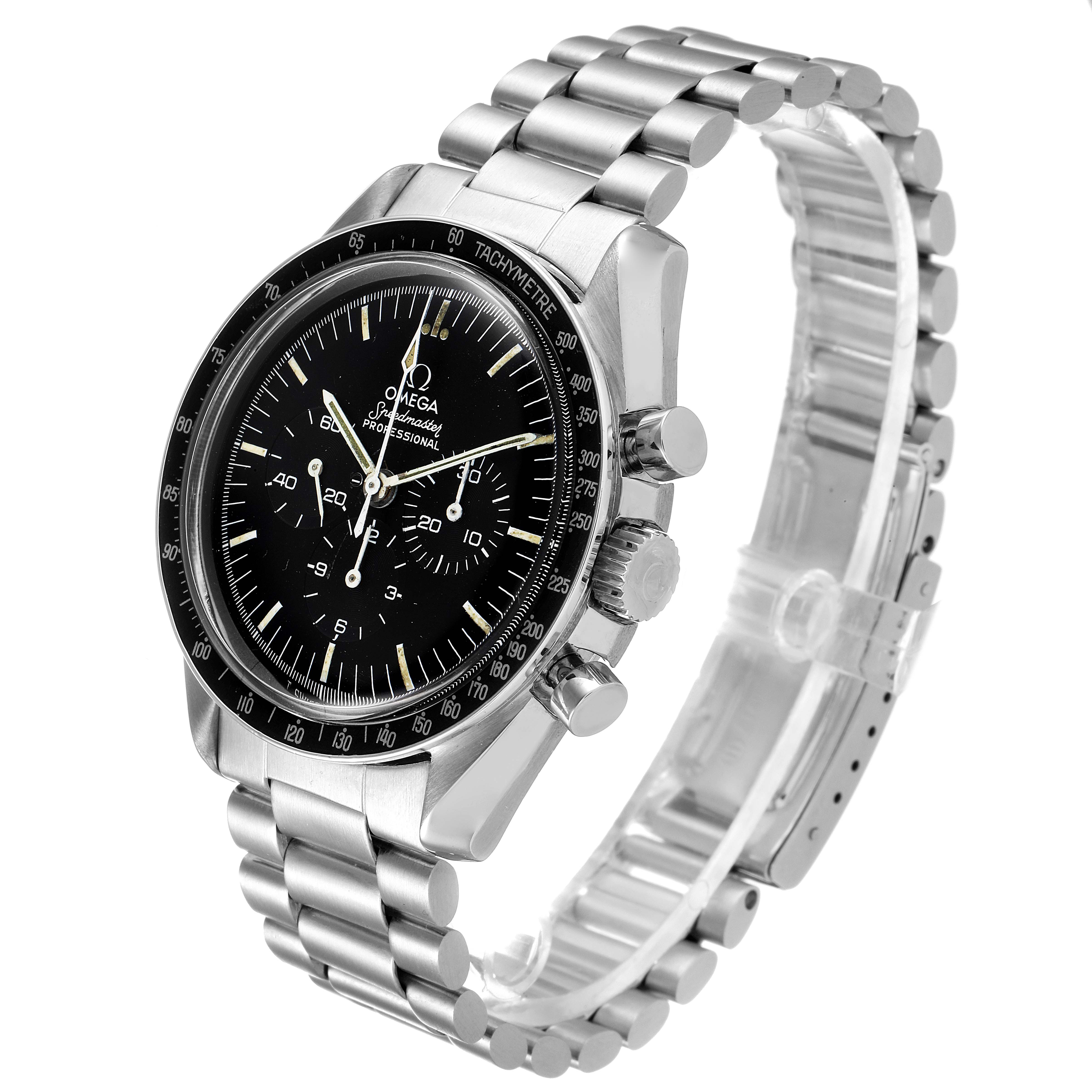 The image shows an Omega Speedmaster 145.022 Men's Stainless Steel Black Dial 145.022 Men's Stainless Steel Black Dial watch at a 3/4 angle, highlighting the face, bezel, stainless steel bracelet, and side buttons.