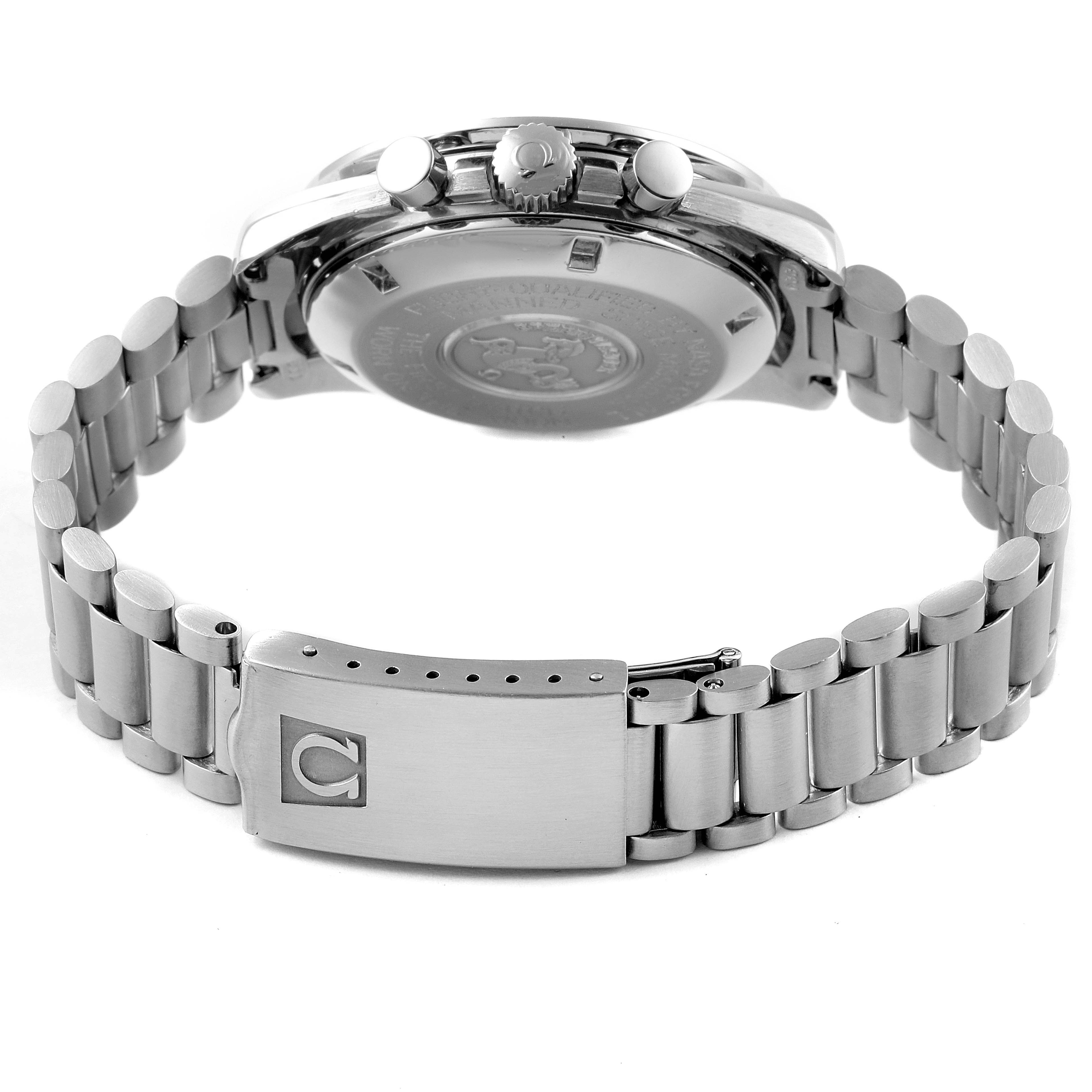 The image shows the back and bracelet of an Omega Speedmaster 145.022 Men's Stainless Steel Black Dial 145.022 Men's Stainless Steel Black Dial watch, featuring the clasp and caseback details.