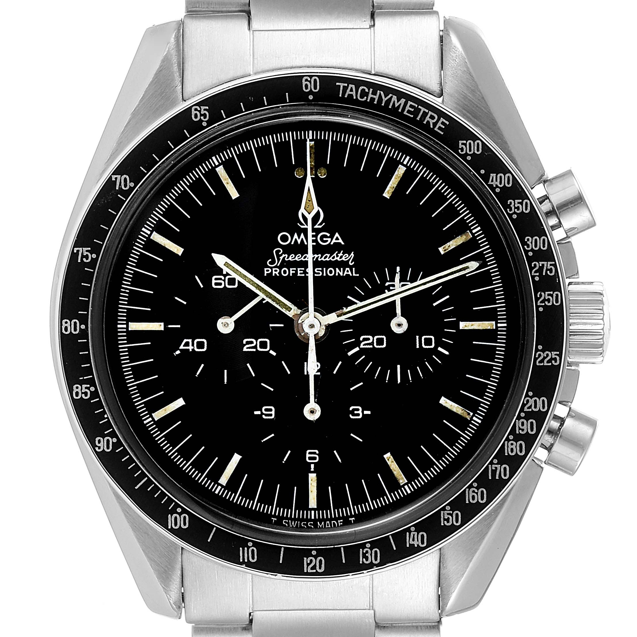 The image shows a frontal close-up of an Omega Speedmaster 145.022 Men's Stainless Steel Black Dial 145.022 Men's Stainless Steel Black Dial watch, highlighting its face, dial, and stainless steel band.