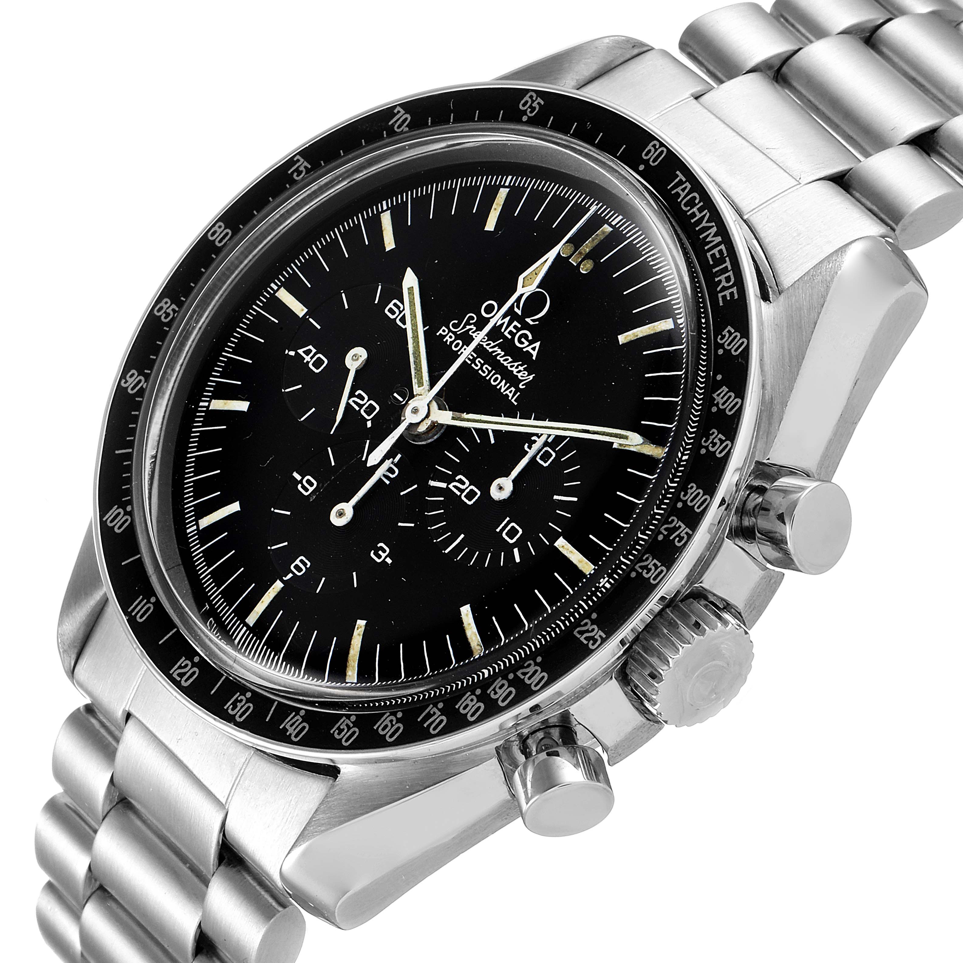This image shows the Omega Speedmaster 145.022 Men's Stainless Steel Black Dial 145.022 Men's Stainless Steel Black Dial watch from an angled close-up, focusing on the dial, bezel, and part of the bracelet.