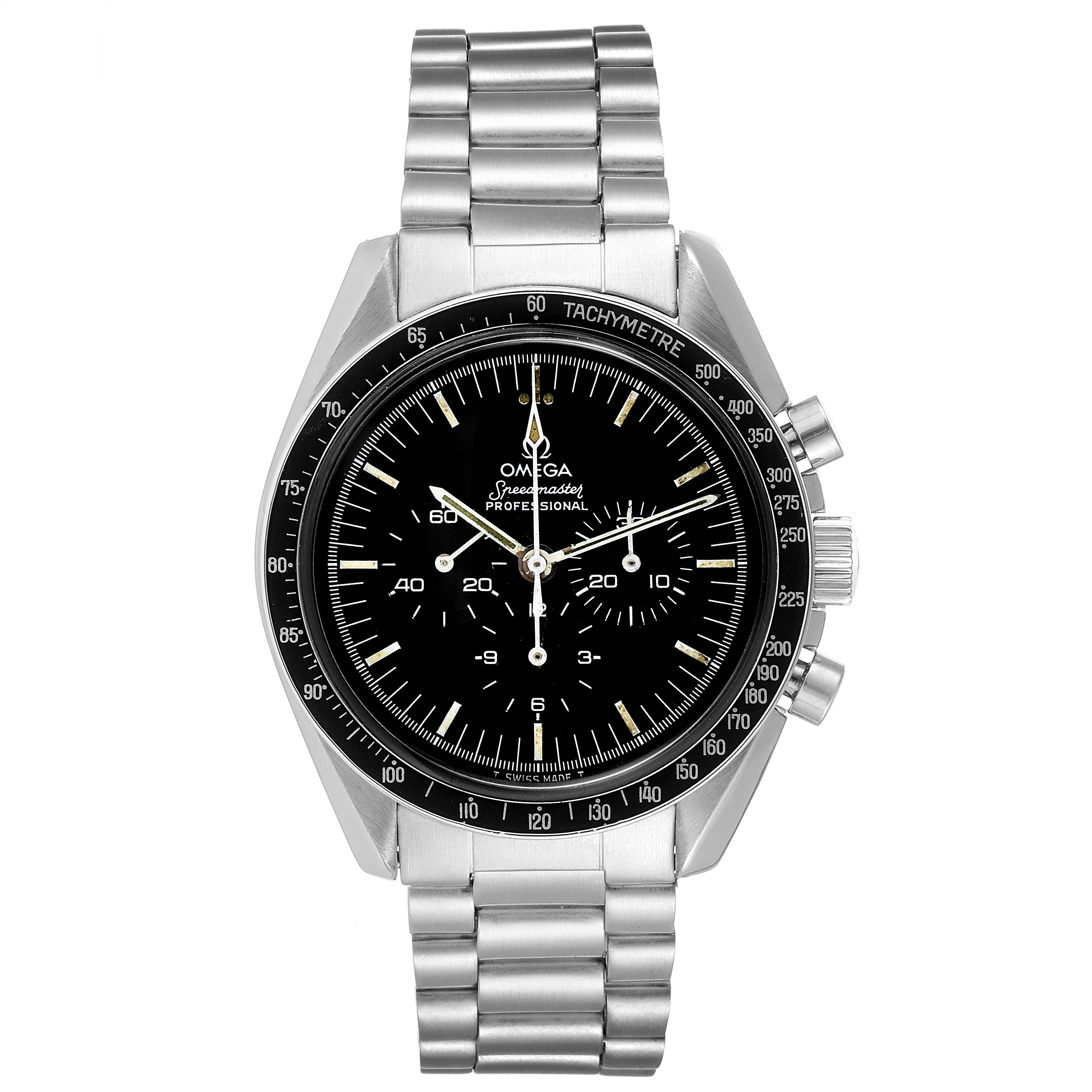 The image shows a front view of an Omega Speedmaster 145.022 Men's Stainless Steel Black Dial 145.022 Men's Stainless Steel Black Dial watch, highlighting its dial, tachymeter bezel, and stainless steel bracelet.