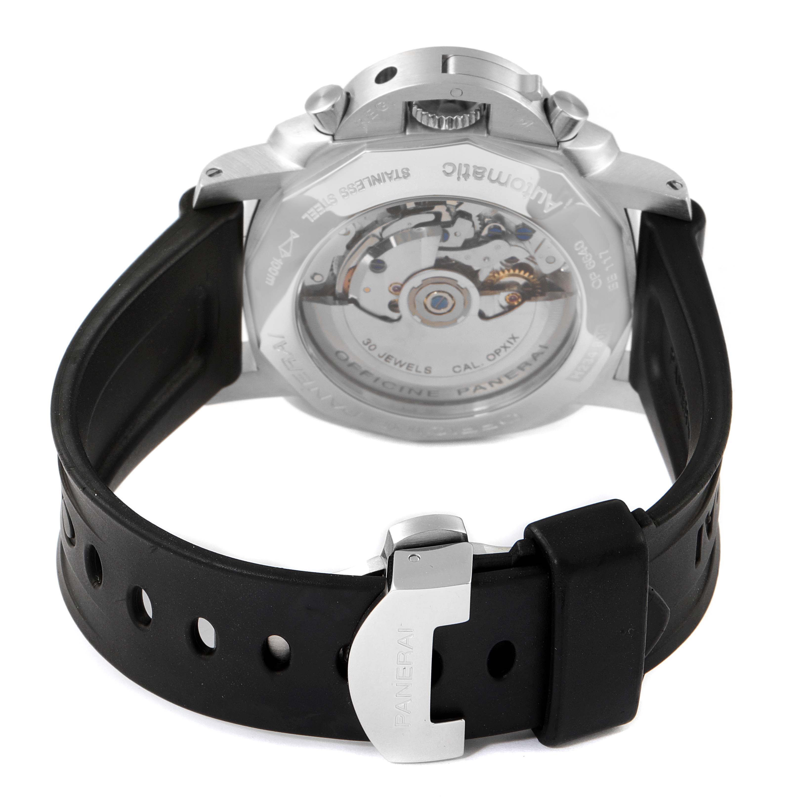 The image shows the back view of a Panerai Luminor PAM00212 Men's Stainless Steel Black Dial PAM00212 Men's Stainless Steel Black Dial watch displaying its case back, movement, and the clasp.