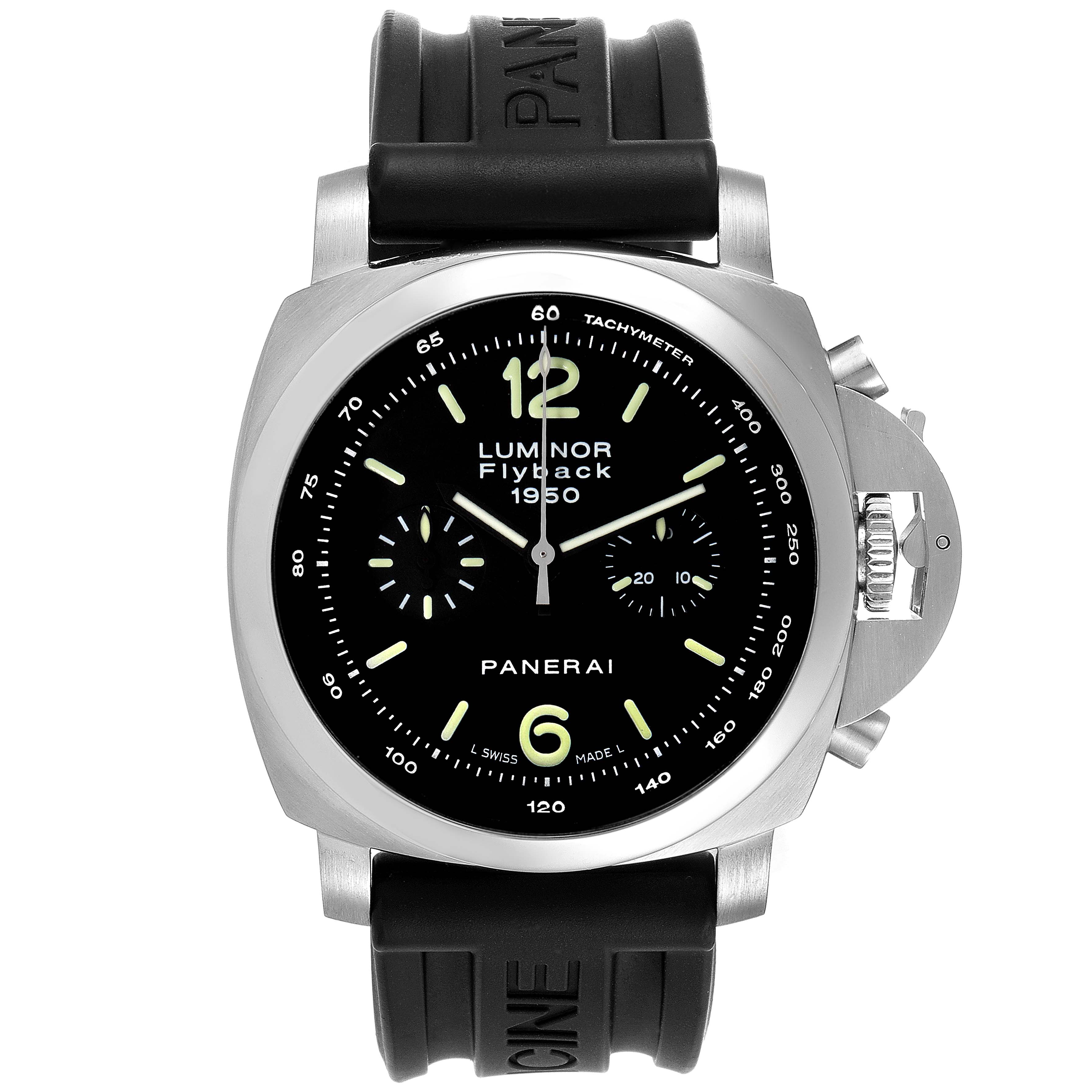 The image shows a front view of a Panerai Luminor PAM00212 Men's Stainless Steel Black Dial PAM00212 Men's Stainless Steel Black Dial 1950 Flyback watch with a black dial and rubber strap.