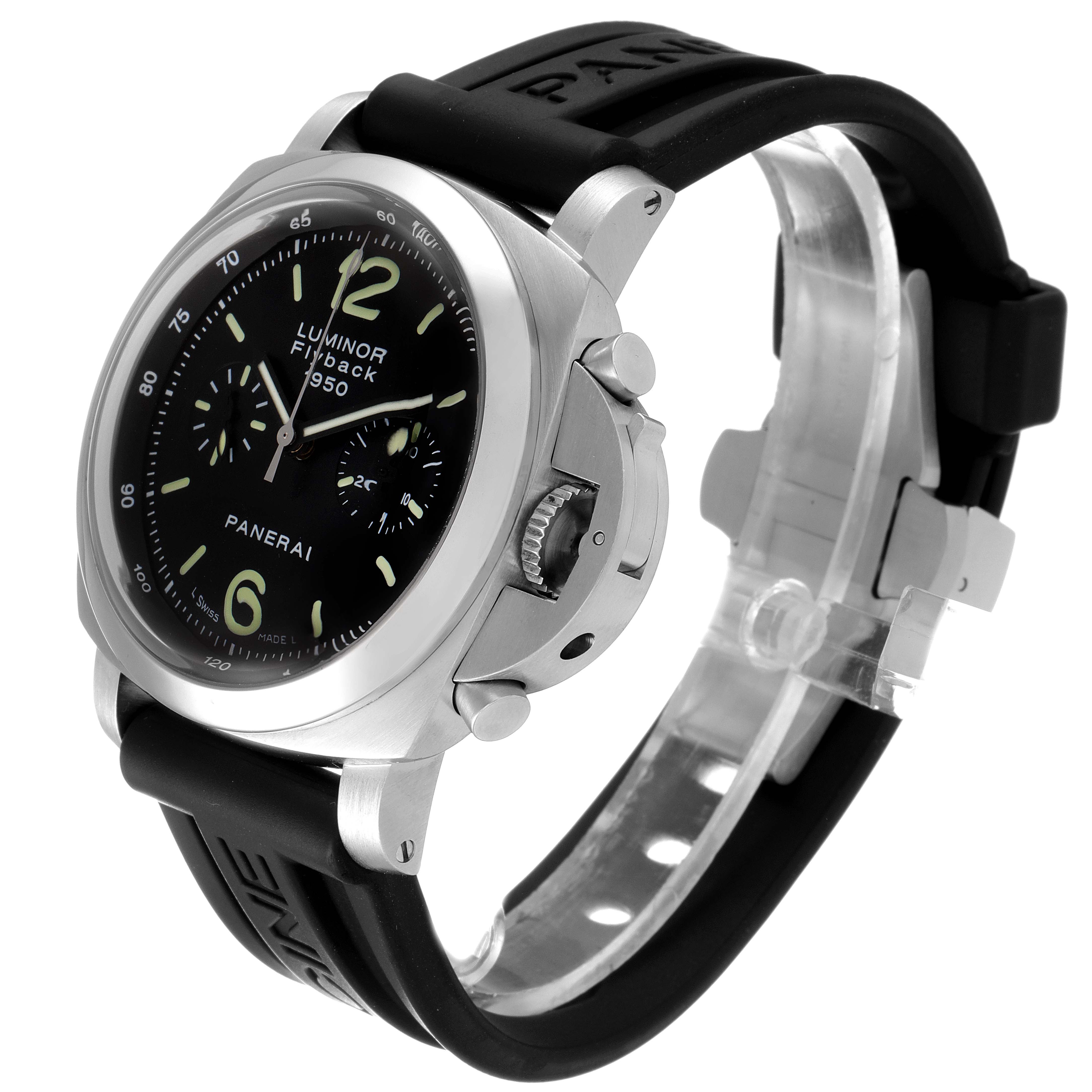 The image shows a Panerai Luminor PAM00212 Men's Stainless Steel Black Dial PAM00212 Men's Stainless Steel Black Dial 1950 model watch from a front-side angle, displaying its case, dial, bezel, and black rubber strap.