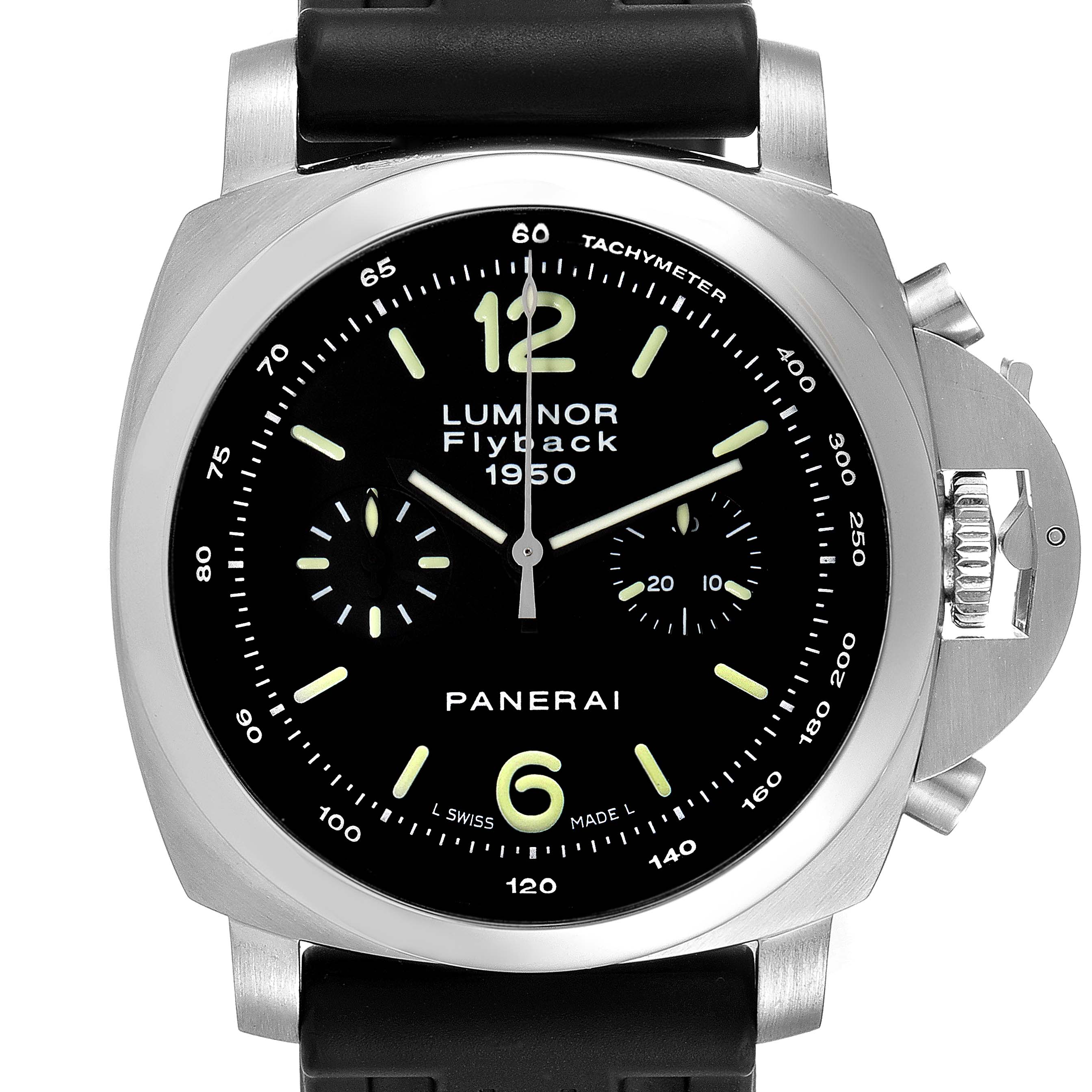 The image shows the front view of a Panerai Luminor PAM00212 Men's Stainless Steel Black Dial PAM00212 Men's Stainless Steel Black Dial Flyback 1950 watch displaying the face, bezel, and part of the band.