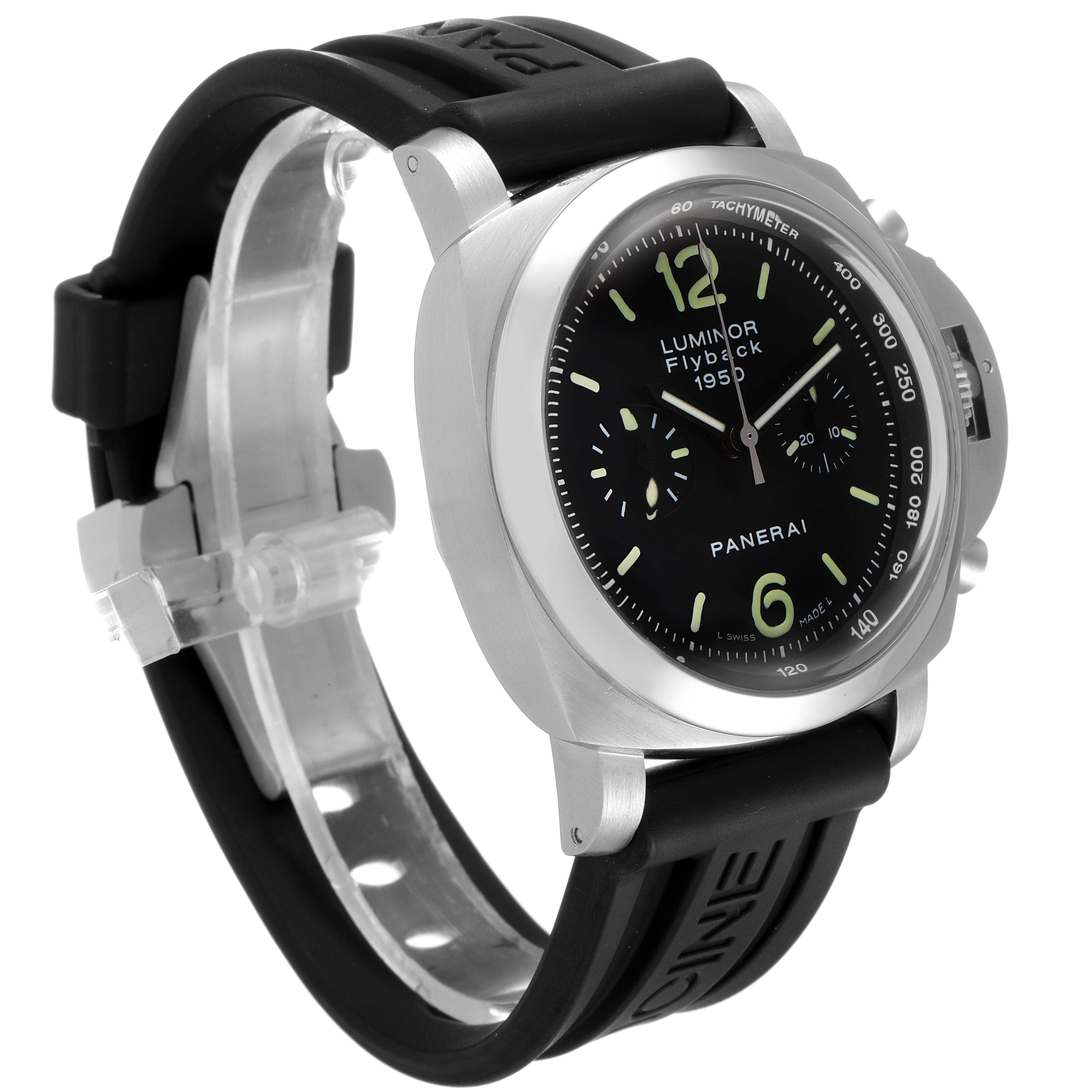 The image shows a three-quarter angle view of the Panerai Luminor PAM00212 Men's Stainless Steel Black Dial PAM00212 Men's Stainless Steel Black Dial watch featuring its face, case, and rubber strap.