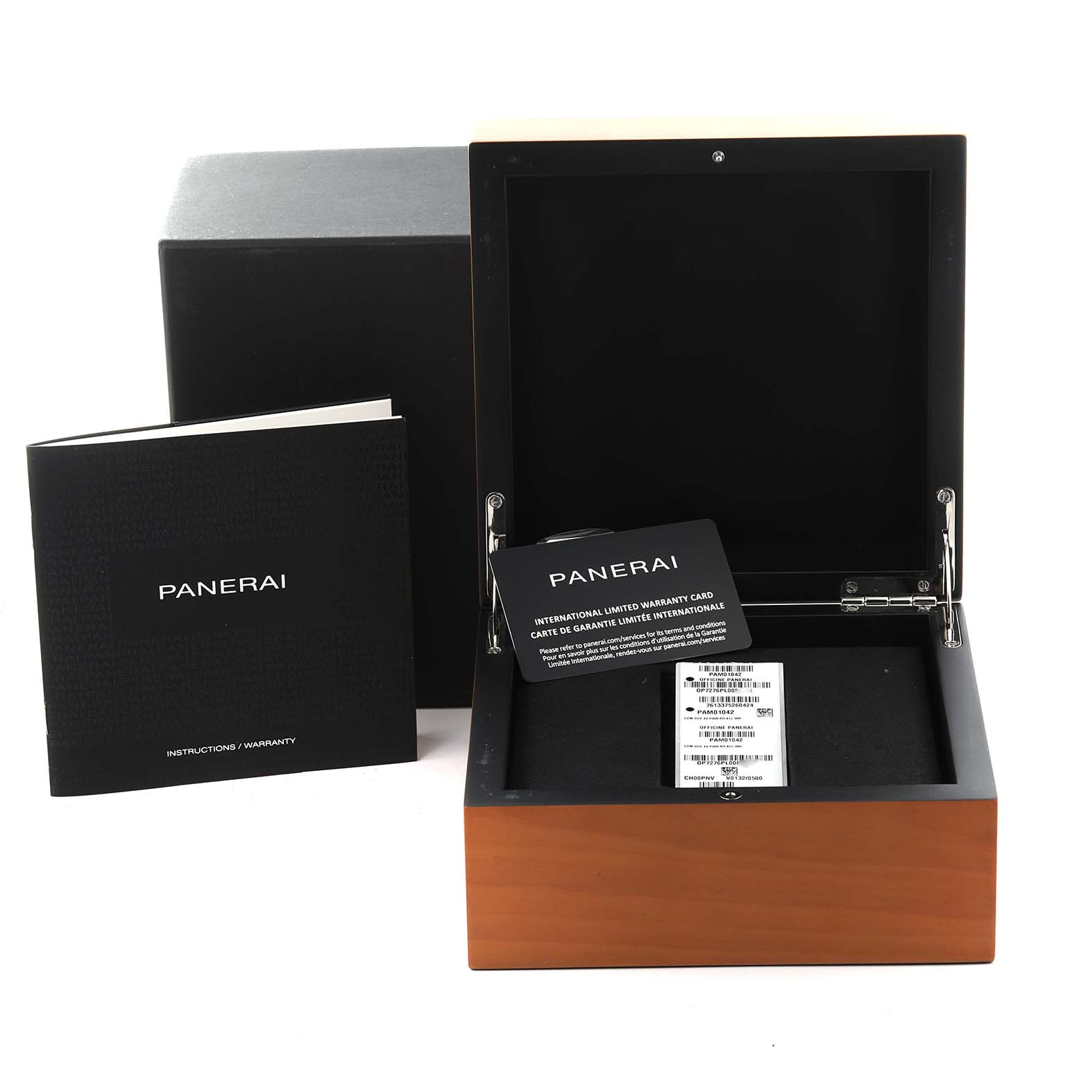 The image shows the Panerai Luminor PAM01042 Men's Rose Gold White Dial watch box open, with warranty cards and instruction manual displayed.