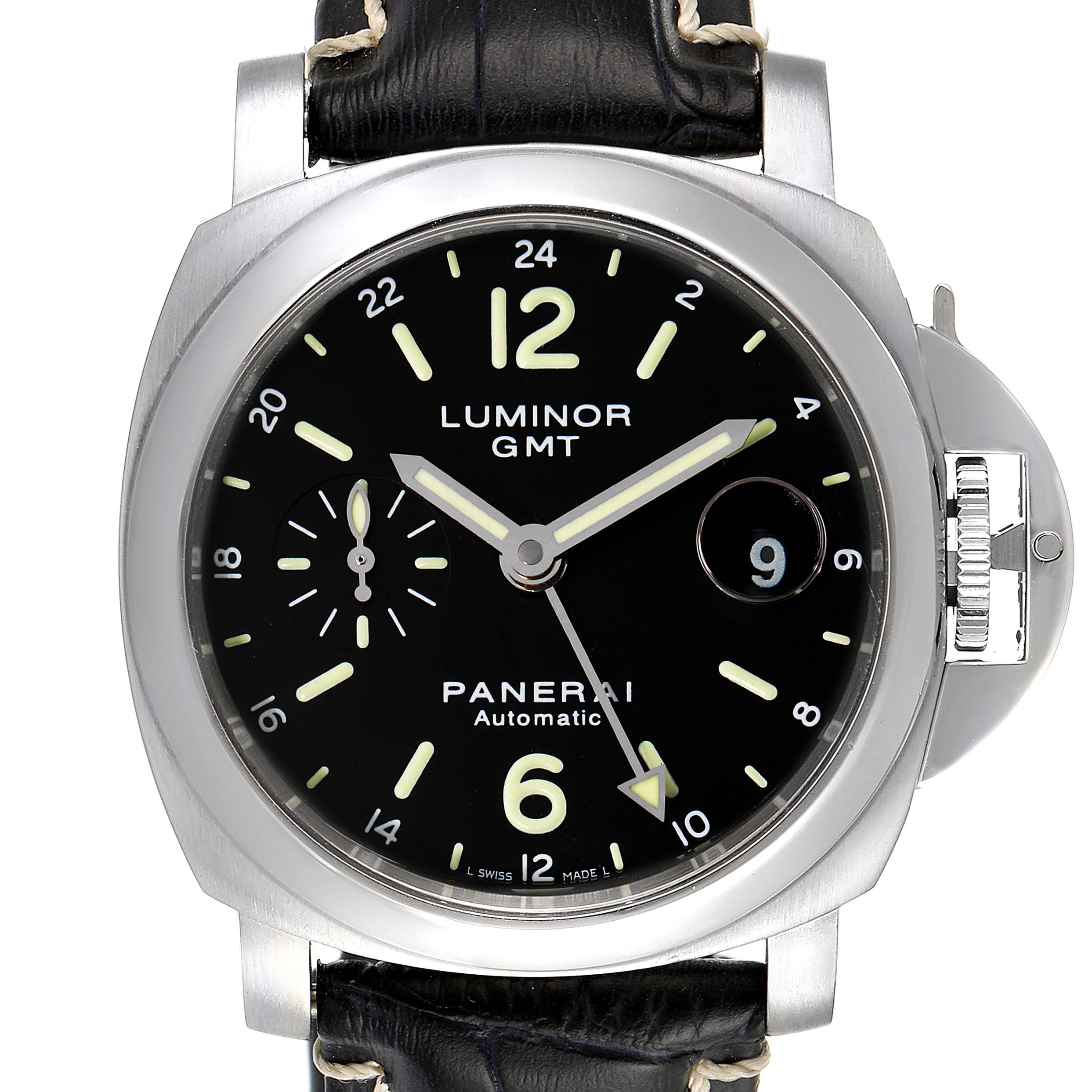 This image shows the front view of the Panerai Luminor PAM00244 Men
s Stainless Steel Black Dial PAM00244 Men
s Stainless Steel Black Dial GMT watch, featuring its dial, bezel, and crown guard.