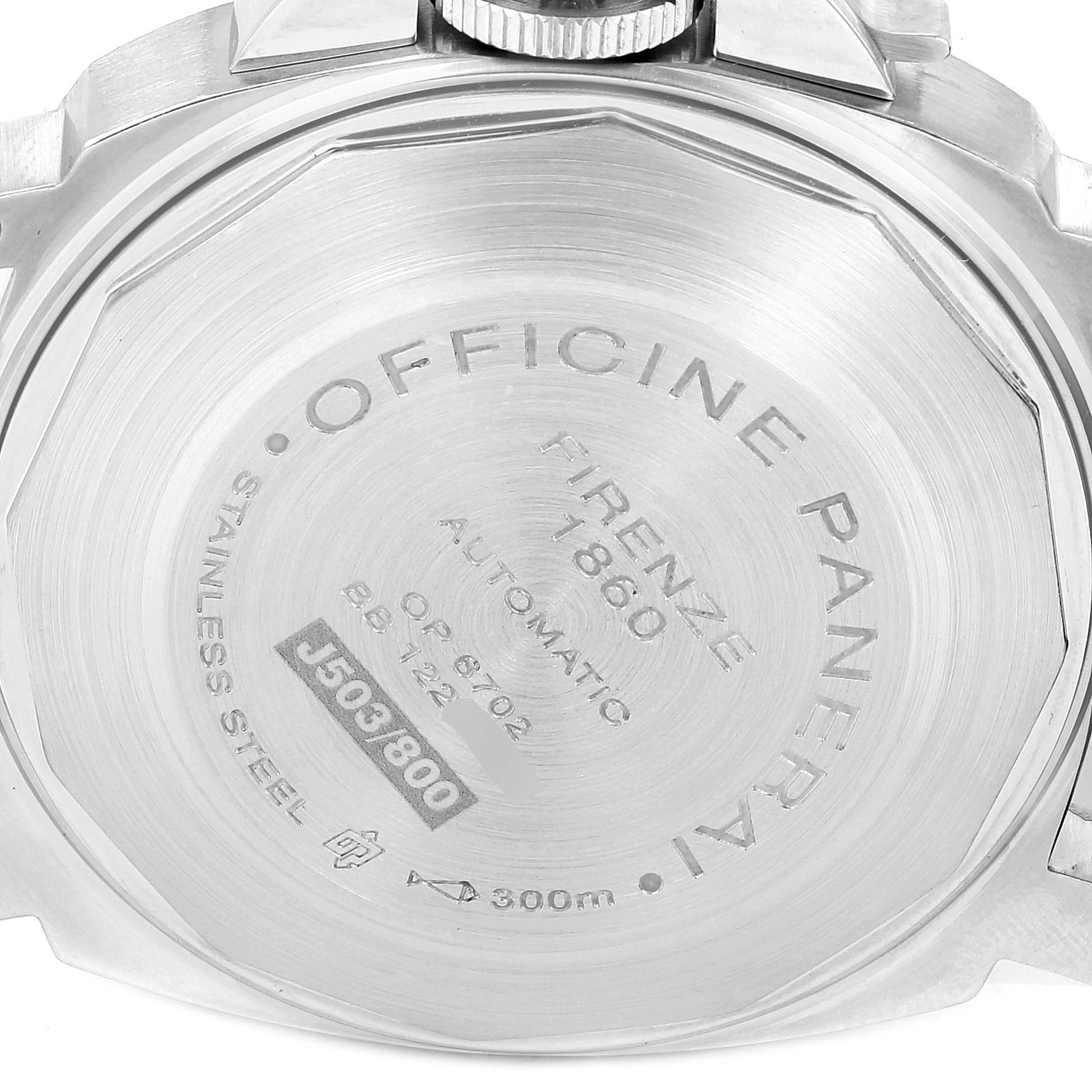 The image shows the case back of a Panerai Luminor PAM00244 Men
s Stainless Steel Black Dial PAM00244 Men
s Stainless Steel Black Dial watch with its engravings and the crown partially visible.