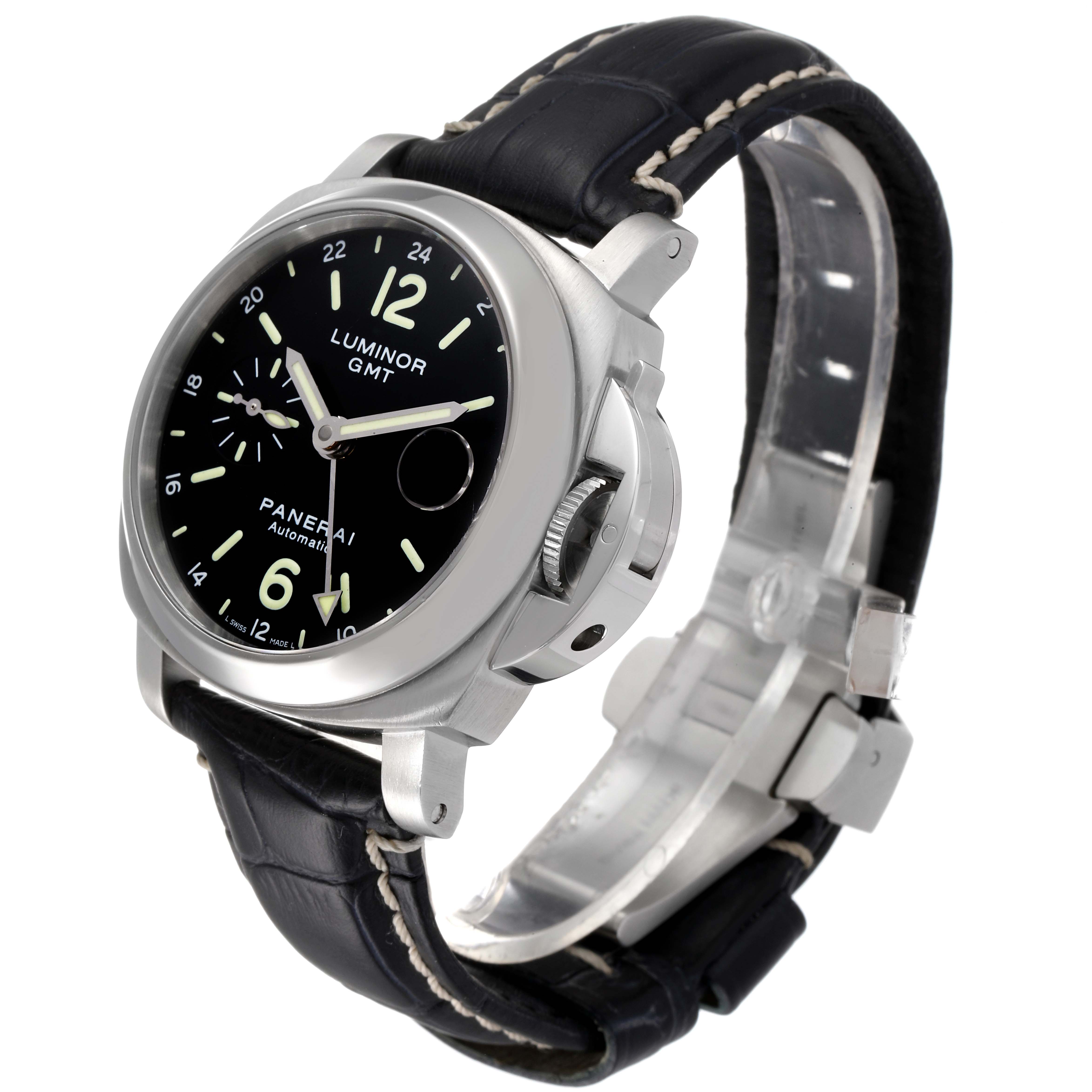 The image shows a Panerai Luminor PAM00244 Men
s Stainless Steel Black Dial PAM00244 Men
s Stainless Steel Black Dial GMT watch from a side angle, highlighting its black leather strap and crown guard.