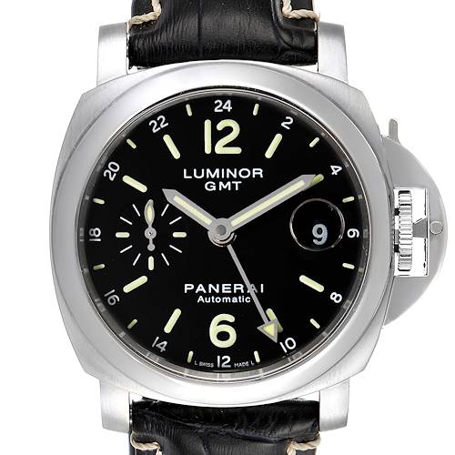 The image shows a front view of the Panerai Luminor GMT watch with a black dial and leather strap.