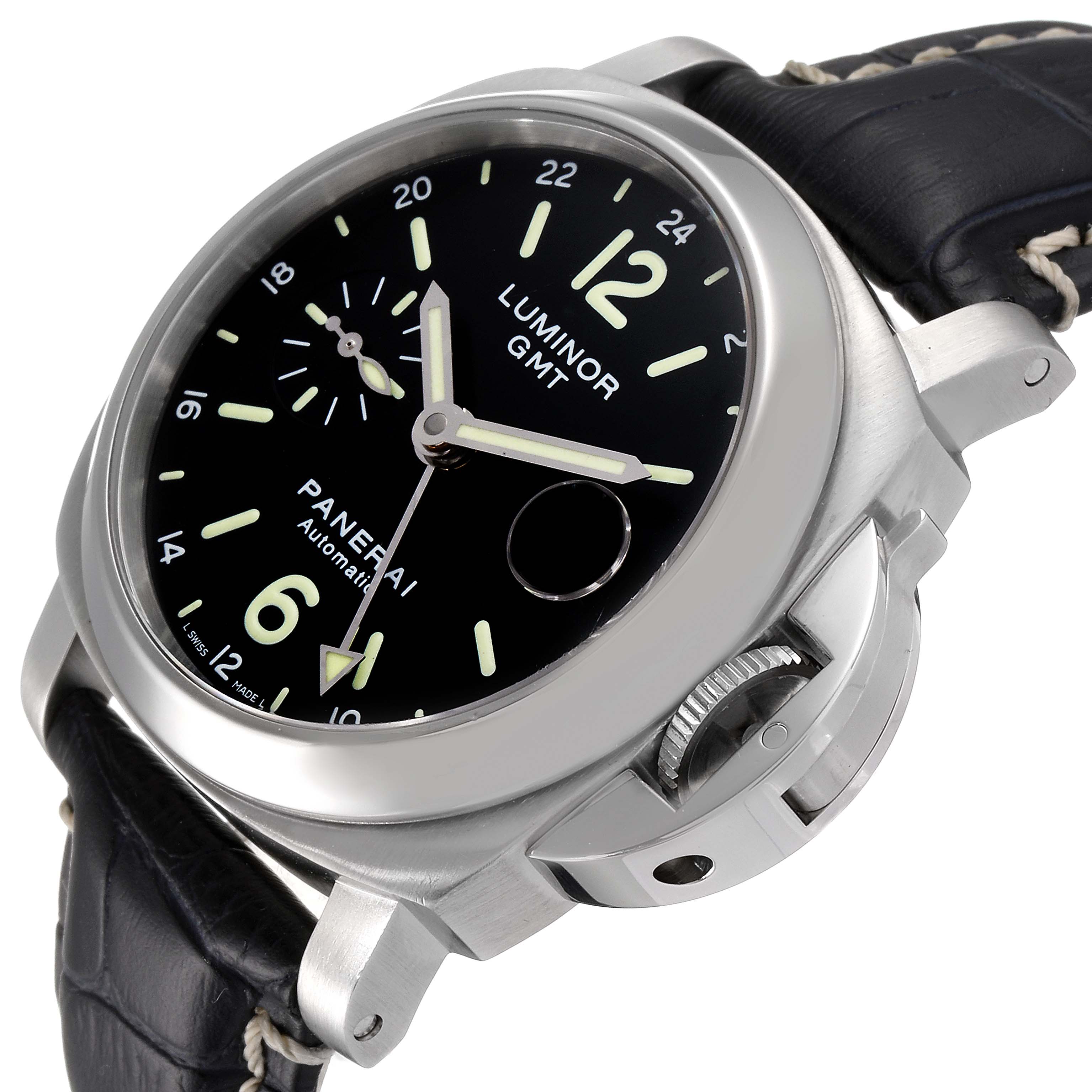 The image shows a Panerai Luminor PAM00244 Men
s Stainless Steel Black Dial PAM00244 Men
s Stainless Steel Black Dial GMT watch at a slight angle highlighting the face, crown guard, and part of the leather strap.