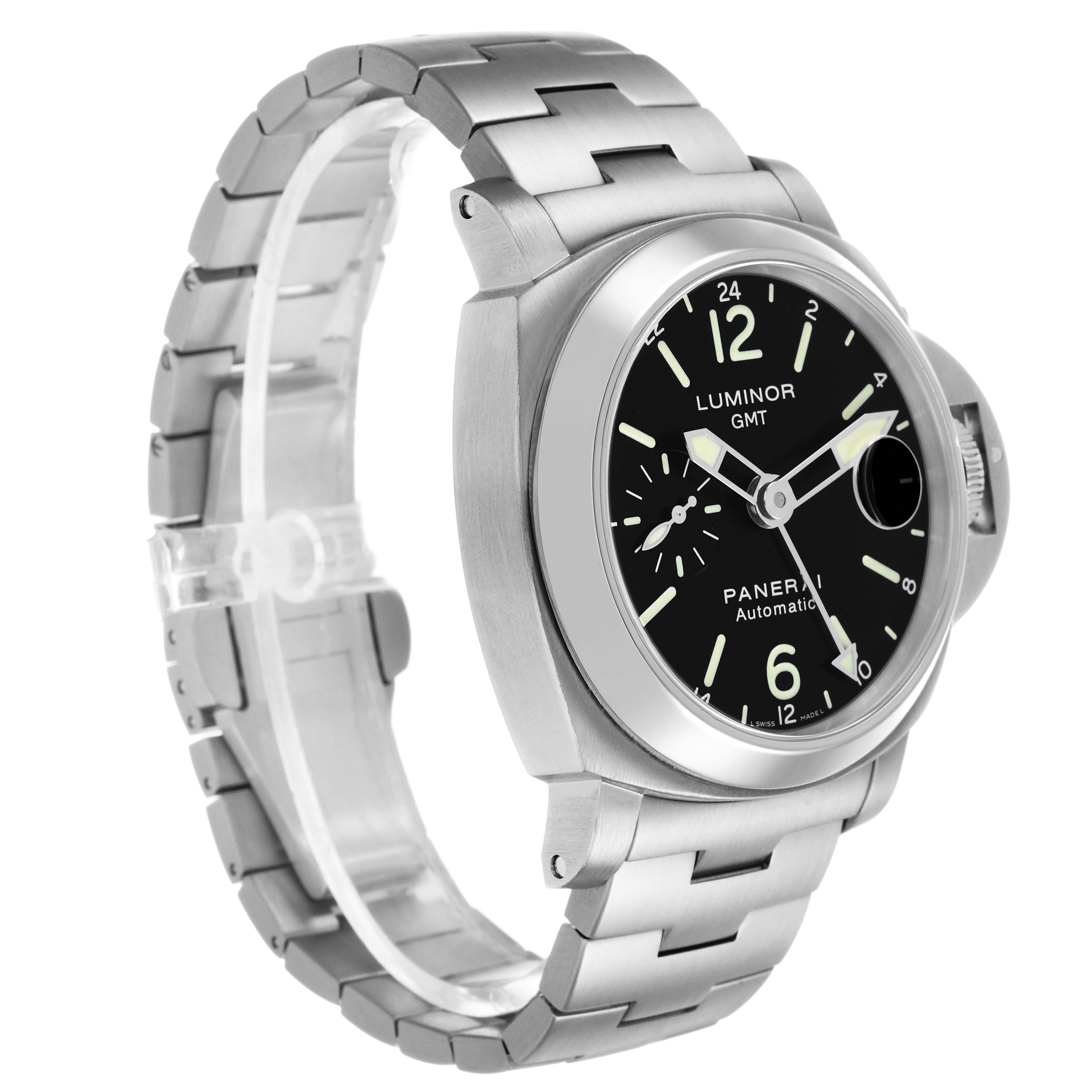The Panerai Luminor PAM00297 Men's Stainless Steel Black Dial watch is shown at a three-quarter angle, highlighting the face, bezel, and stainless steel bracelet.