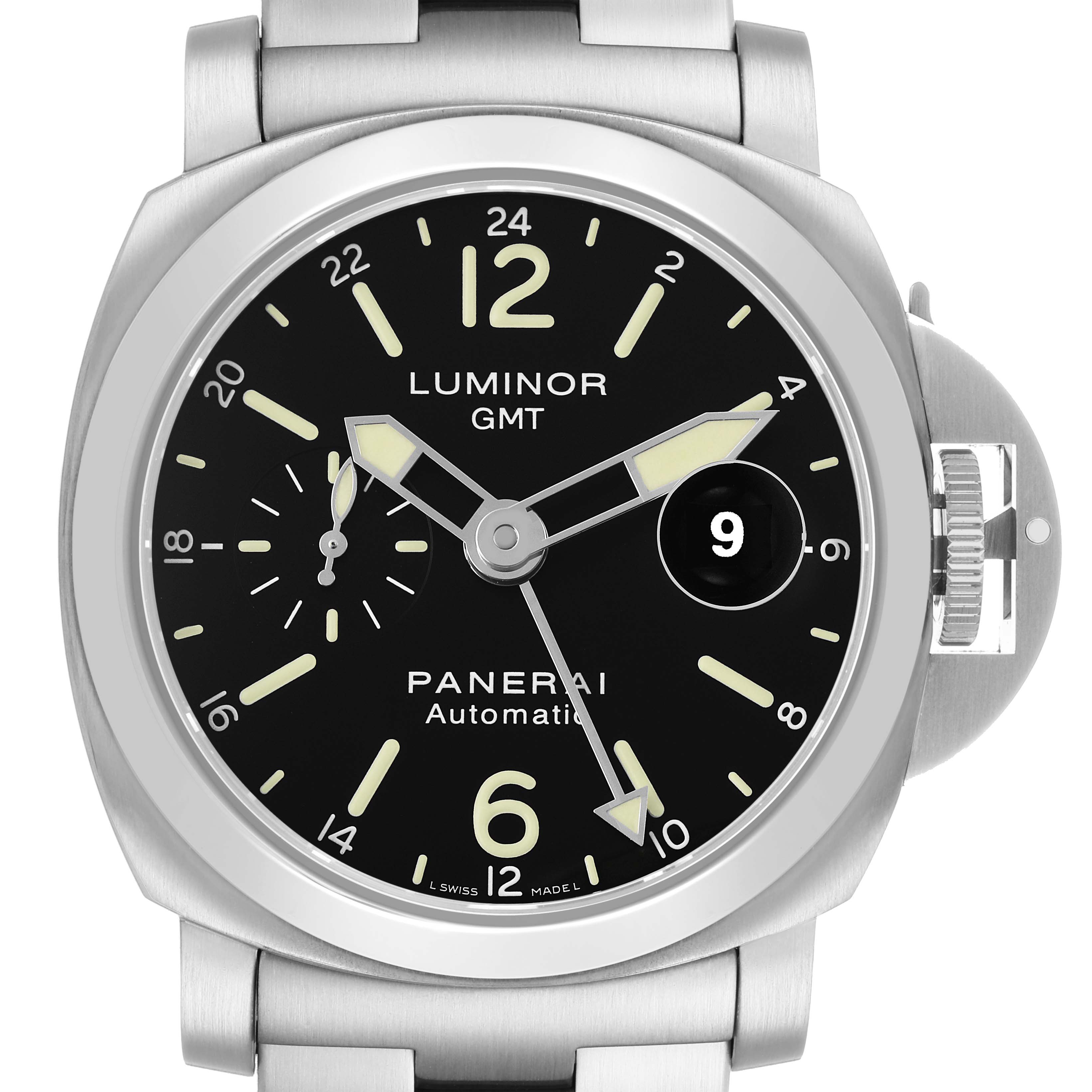 The Panerai Luminor PAM00297 Men's Stainless Steel Black Dial watch is shown from a front angle, highlighting the dial, date window, and crown guard.
