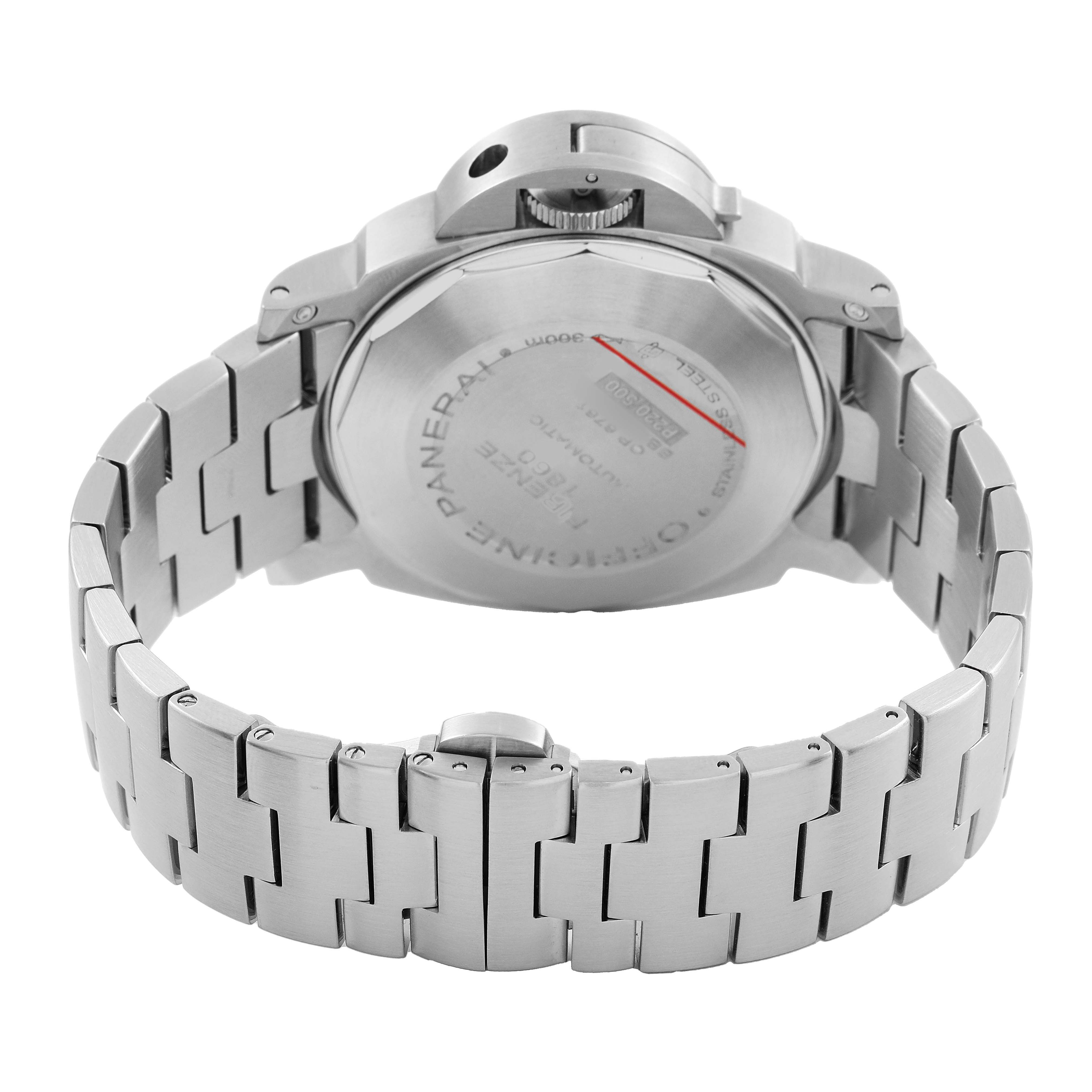 The image shows the back view of a Panerai Luminor PAM00297 Men's Stainless Steel Black Dial watch, highlighting the case back, crown, and metal bracelet.