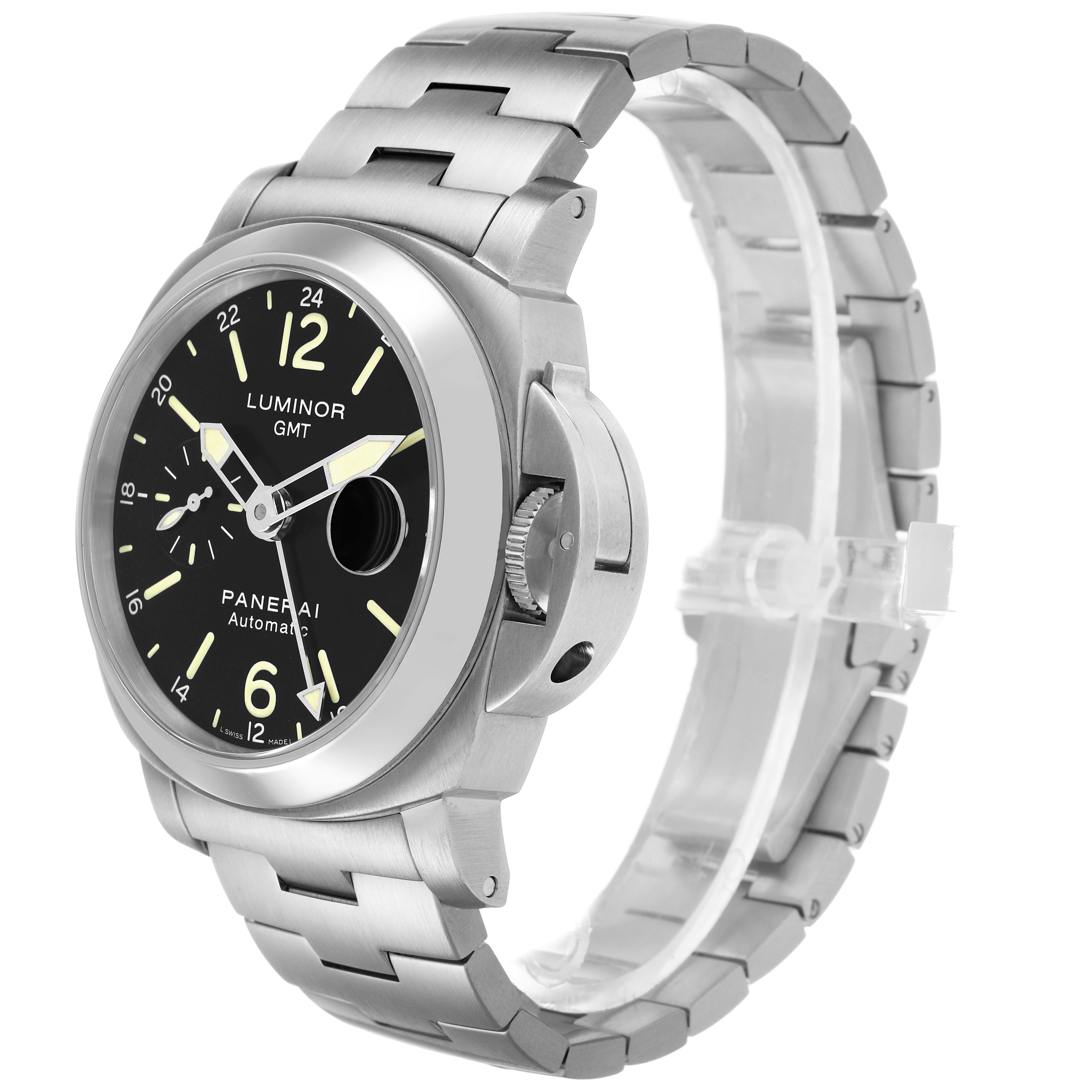 The Panerai Luminor PAM00297 Men's Stainless Steel Black Dial watch is shown at a three-quarter angle, highlighting its face, crown guard, and metal bracelet.