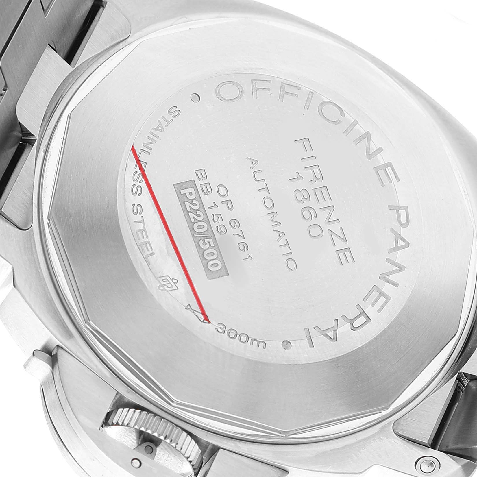 The image shows the case back of a Panerai Luminor PAM00297 Men's Stainless Steel Black Dial watch, highlighting engraving details and the crown.