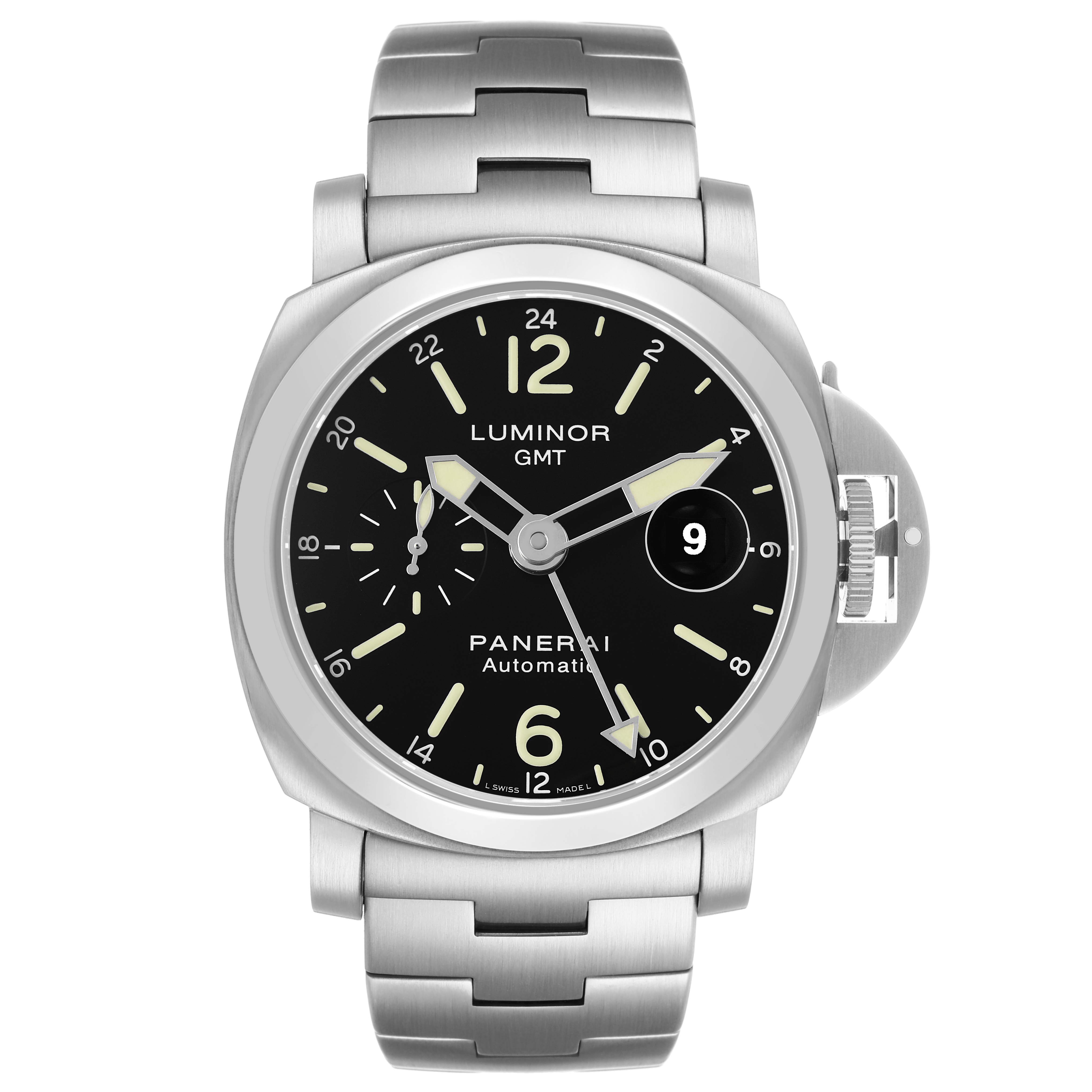 The Panerai Luminor PAM00297 Men's Stainless Steel Black Dial watch is shown from a front angle, highlighting the face, bezel, crown guard, and metal bracelet.