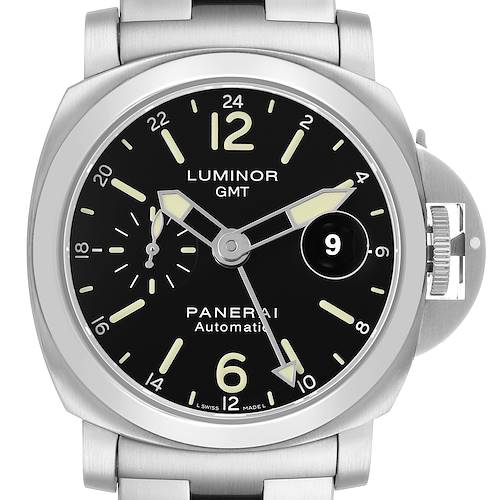 The image shows a Panerai Luminor PAM00297 Men's Stainless Steel Black Dial watch from a front angle, displaying the dial, hands, and crown guard.